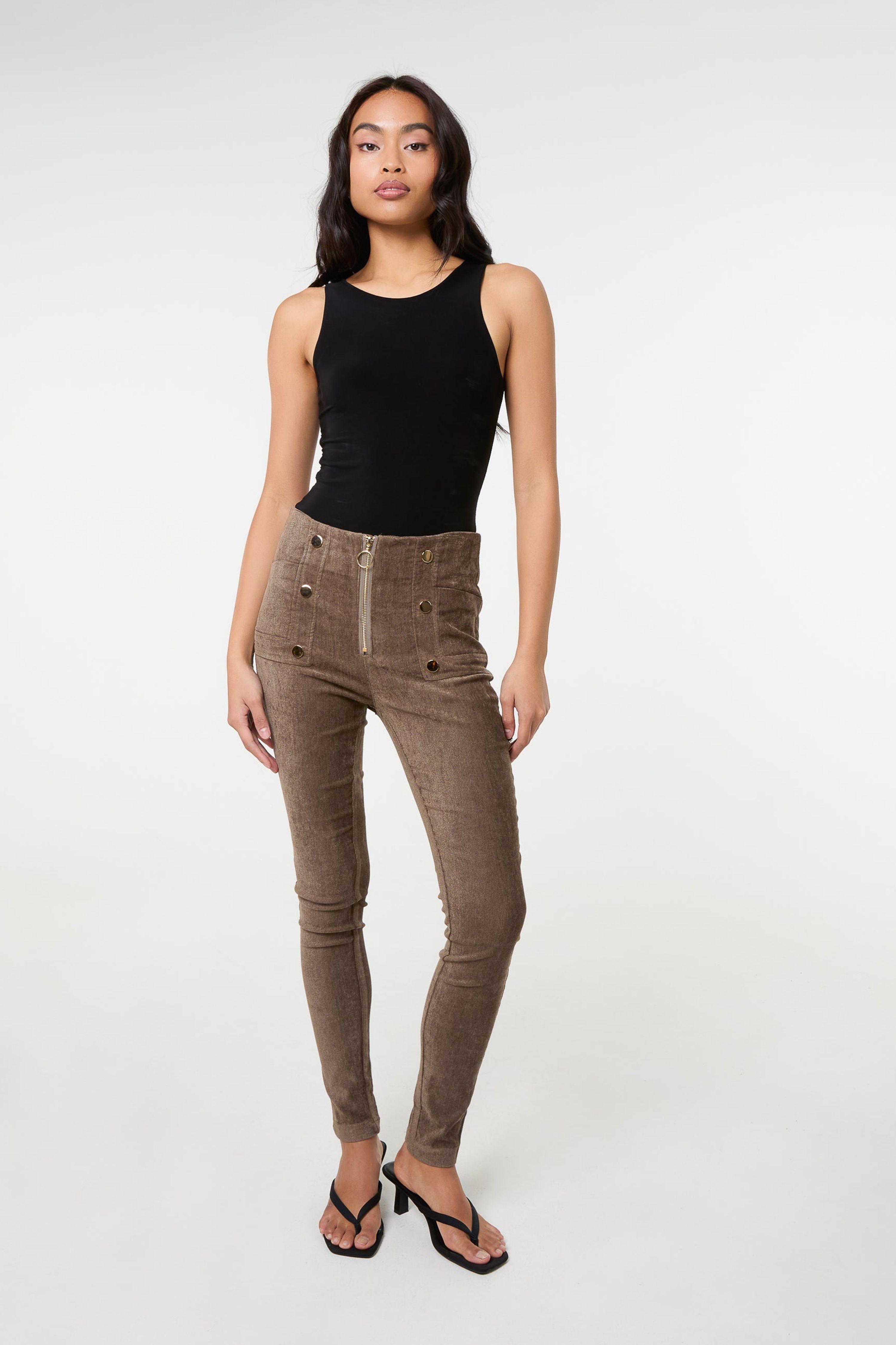Taupe Corduroy Zip Front Button Trousers by PINK VANILLA
