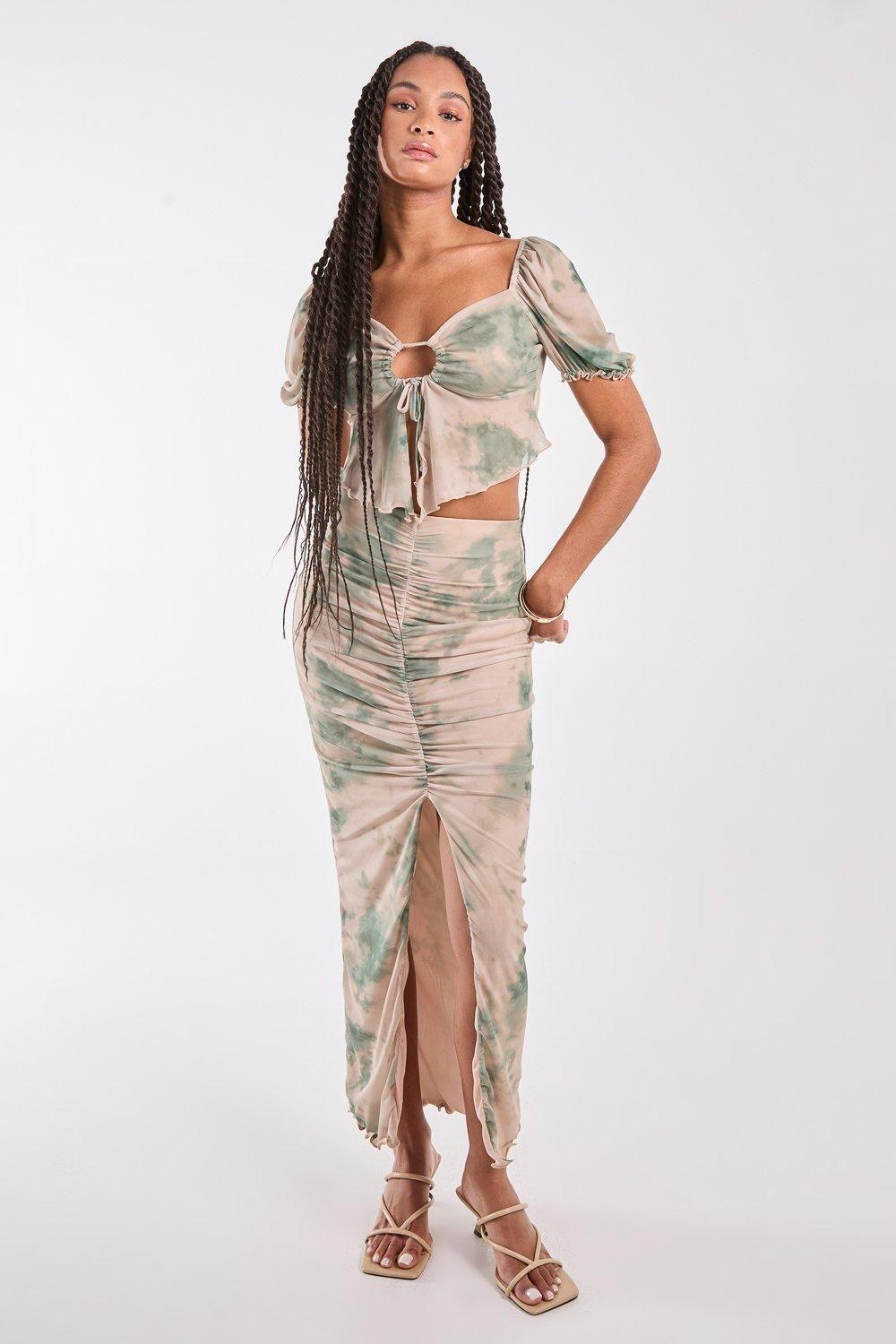 Tie Dye Ruched Split Maxi Skirt by PINK VANILLA