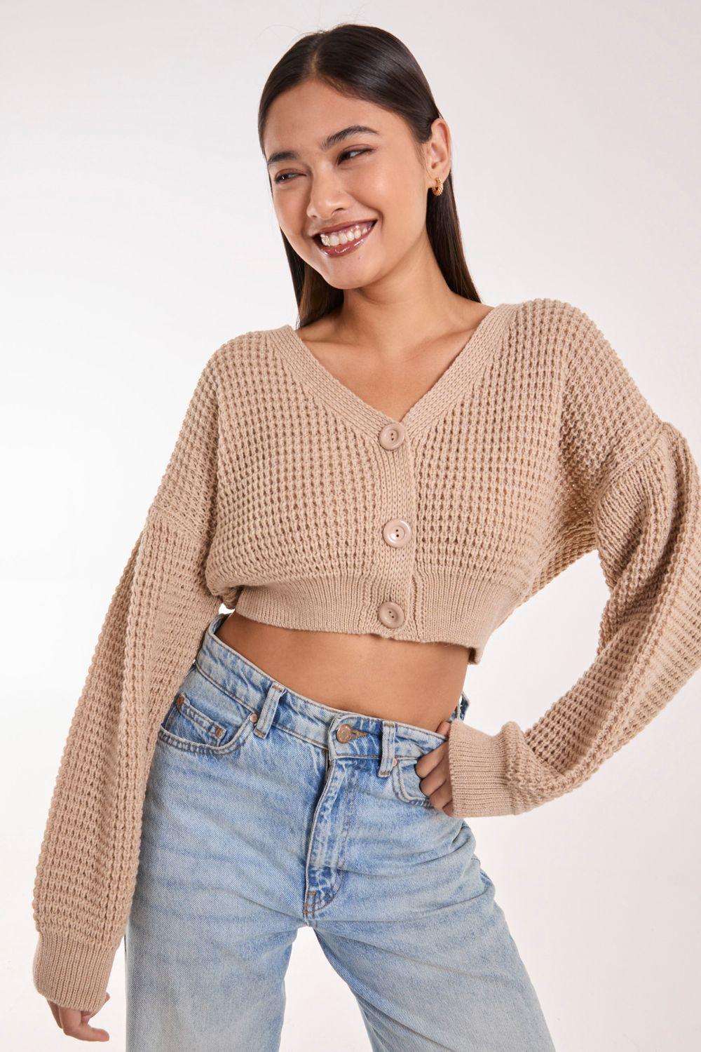 V Neck Cropped Knitted Cardigan by PINK VANILLA