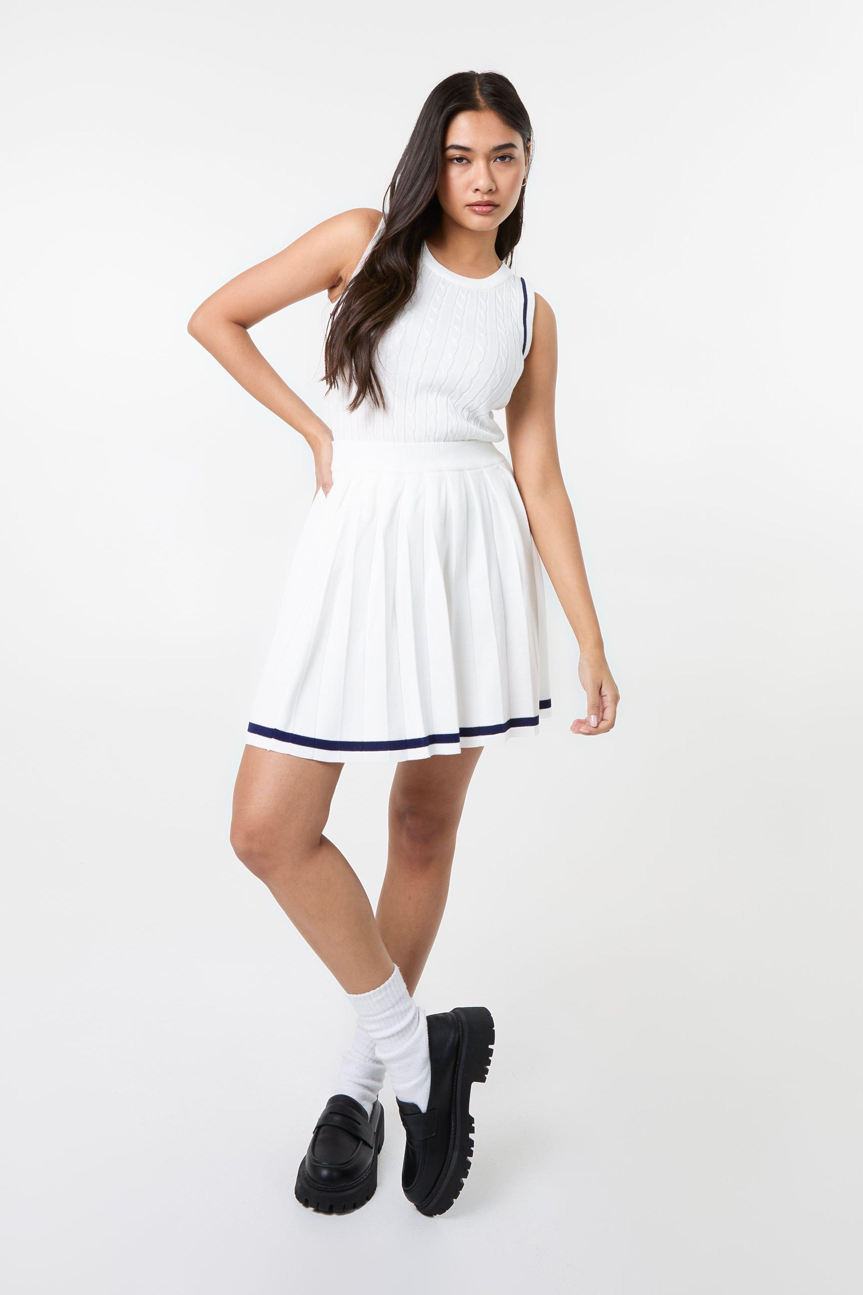 White Pleated Mini Skirt With Contrast Binding by PINK VANILLA