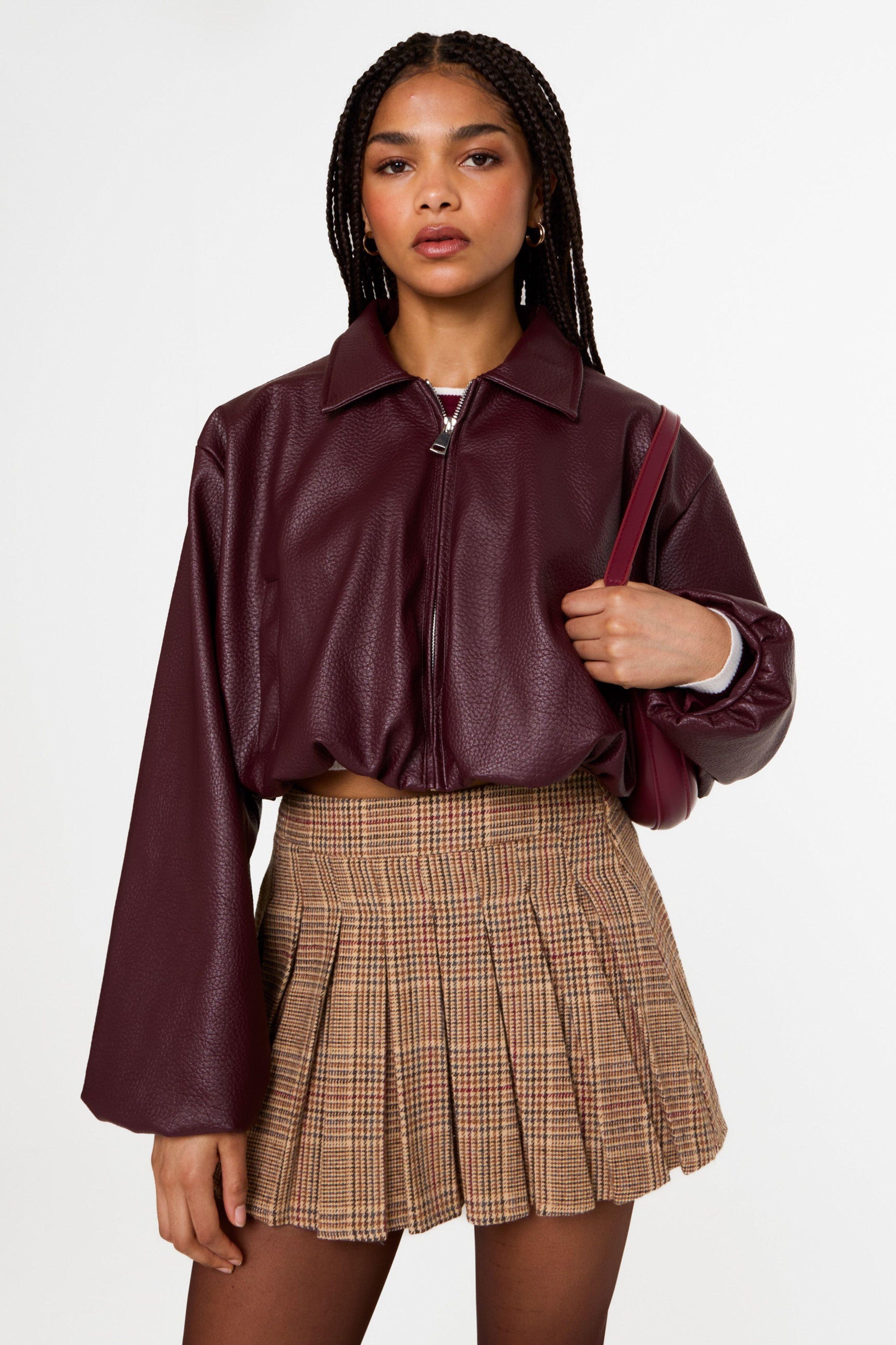 Wine Faux Leather Puffball Jacket by PINK VANILLA