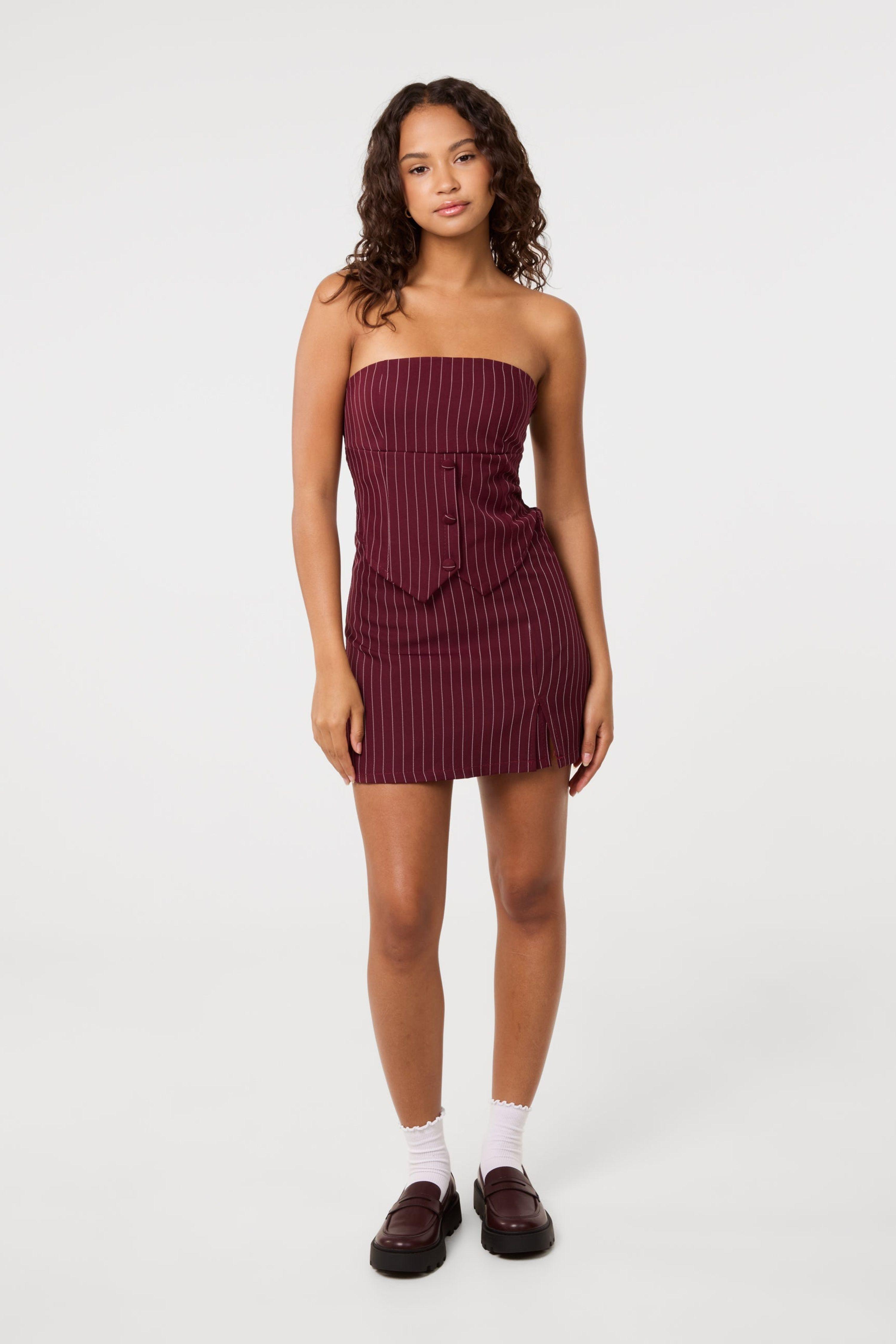 Wine Pinstripe Skort Slit Front Skirt by PINK VANILLA