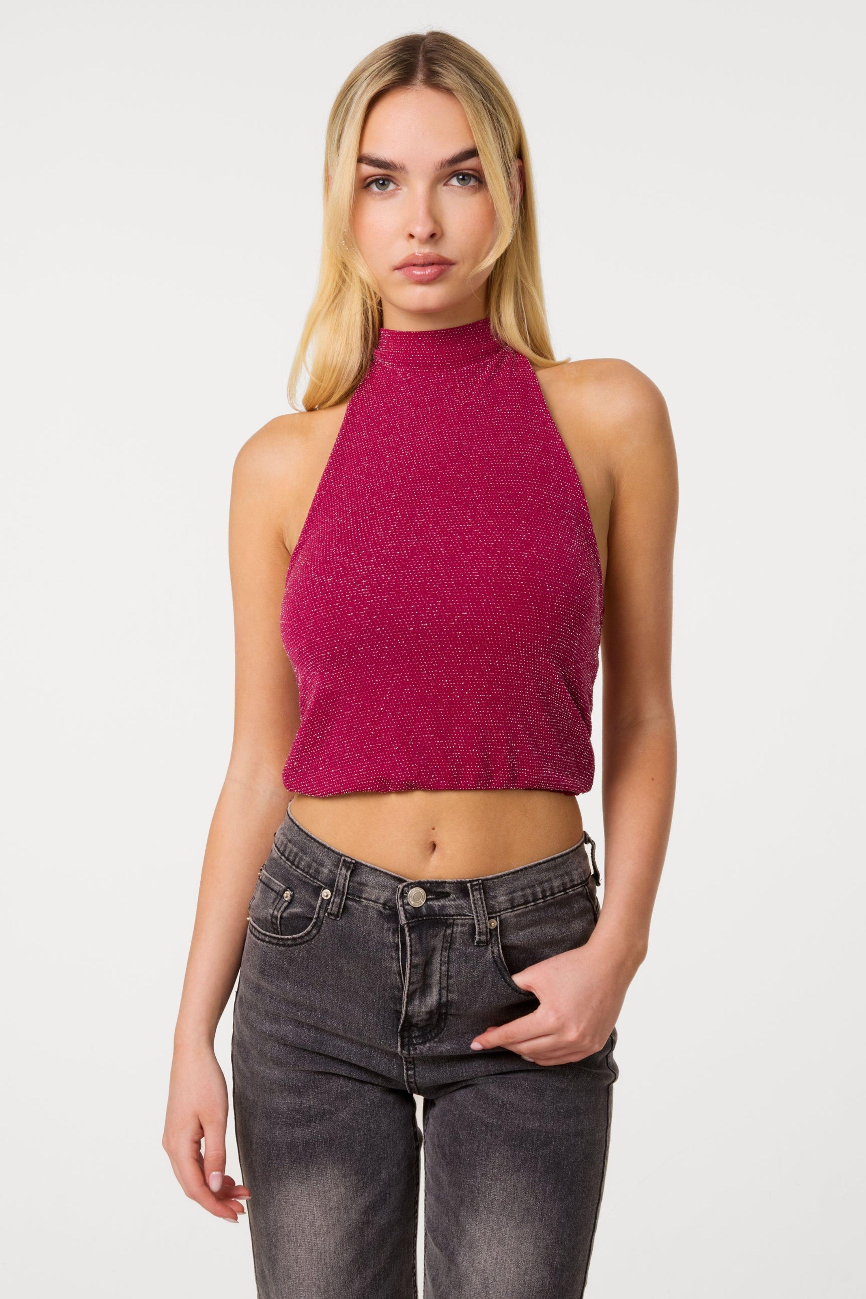 Wine Sparkle Halter Neck Top by PINK VANILLA