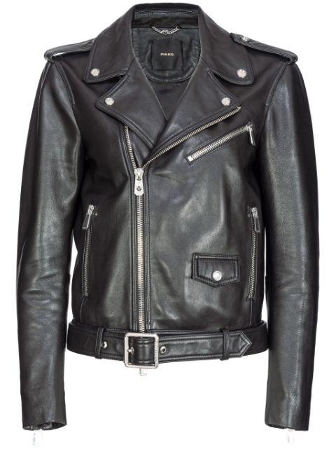 belted leather biker jacket by PINKO
