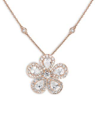 18K Rose Gold Classic Flower Diamond Pear & Round Pendant Necklace by PIRANESI