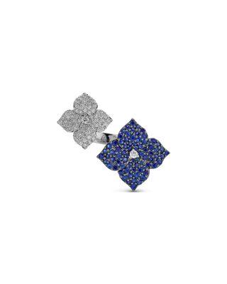 18K White Gold Double Fiore Ring with Blue Sapphire and Diamonds by PIRANESI