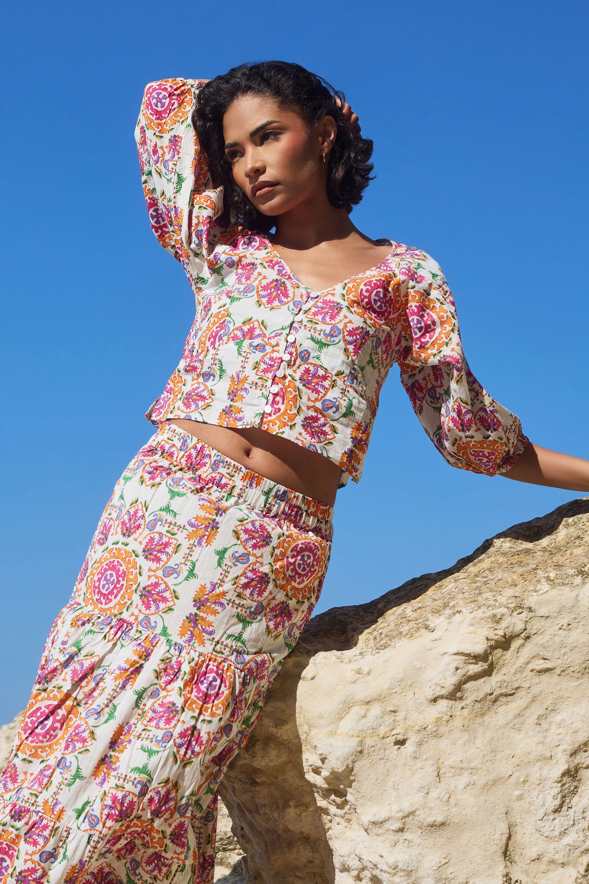 Petite Abstract Puff Sleeve Top by PIXIEGIRL