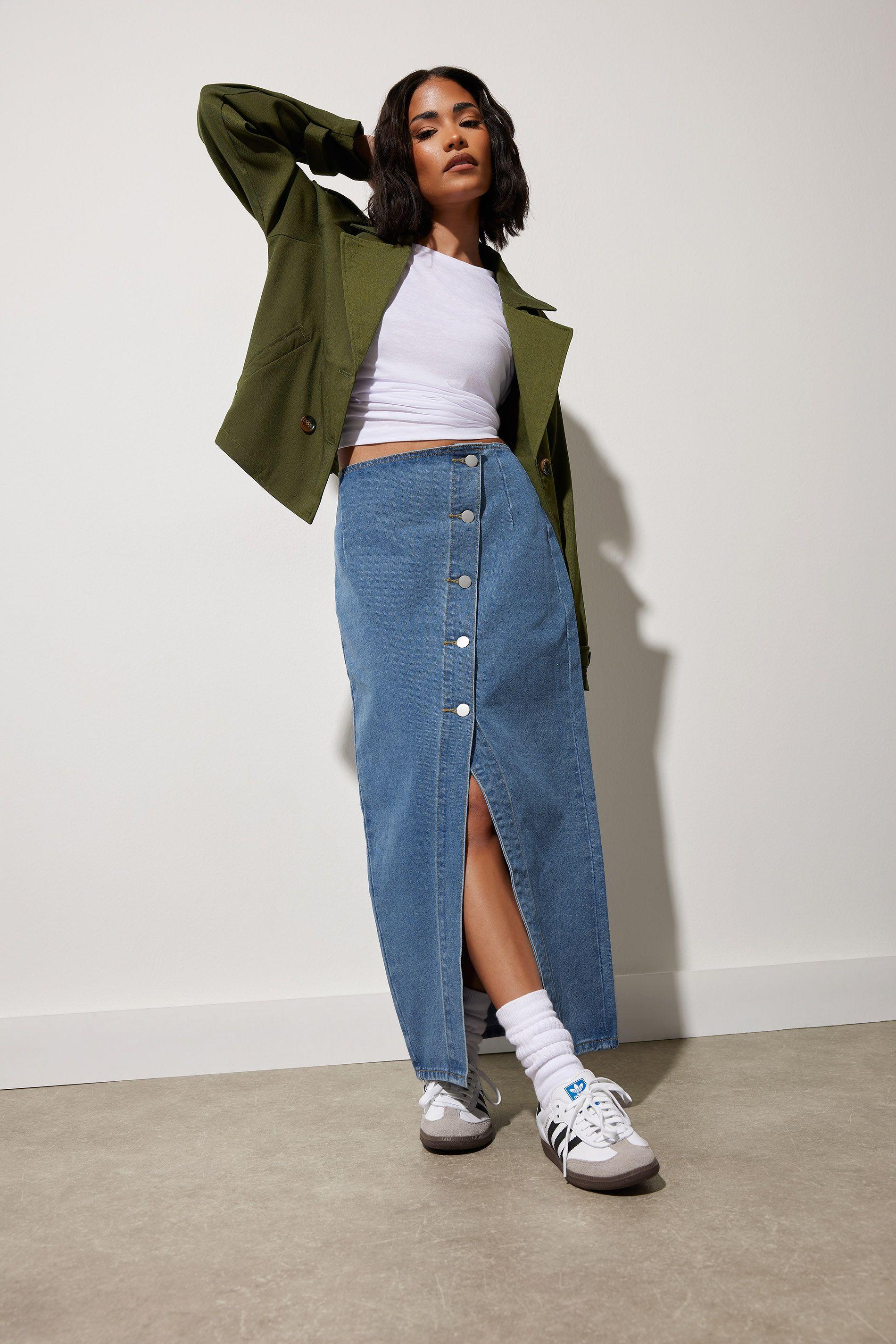 Petite Asymmetric Denim Midi Skirt by PIXIEGIRL