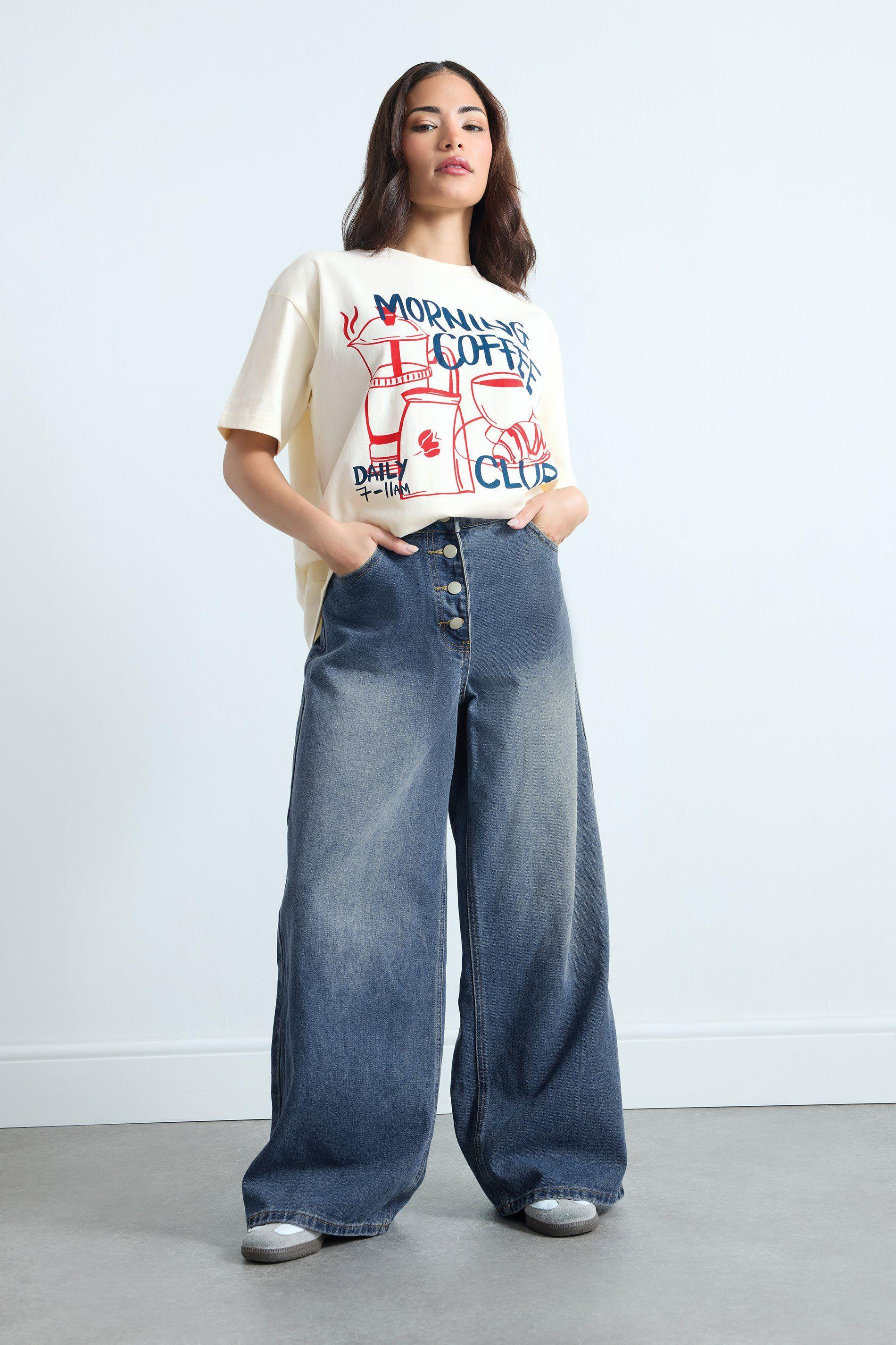 Petite Button Front Wide Leg Jeans by PIXIEGIRL