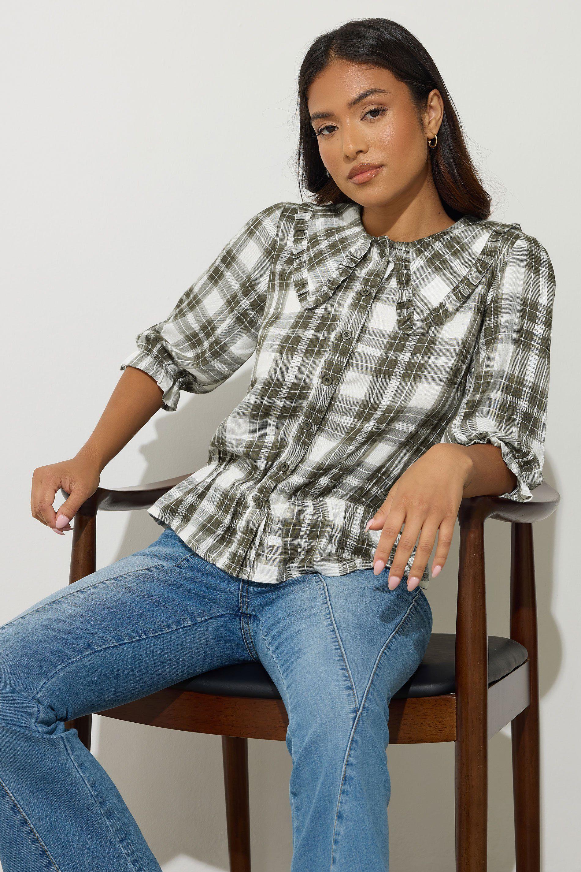 Petite Check Collar Smock Top by PIXIEGIRL
