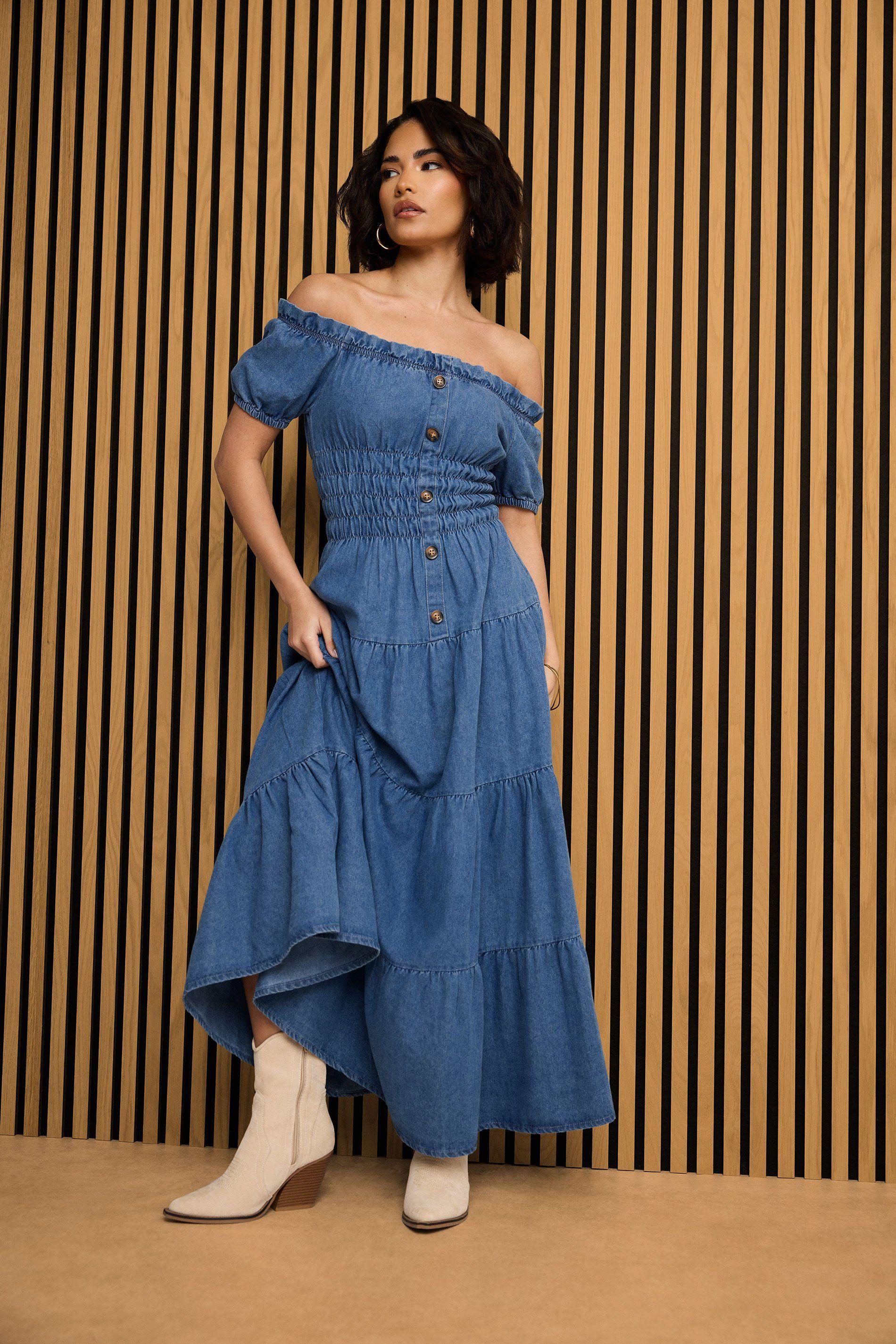 Petite Denim Bardot Maxi Dress by PIXIEGIRL