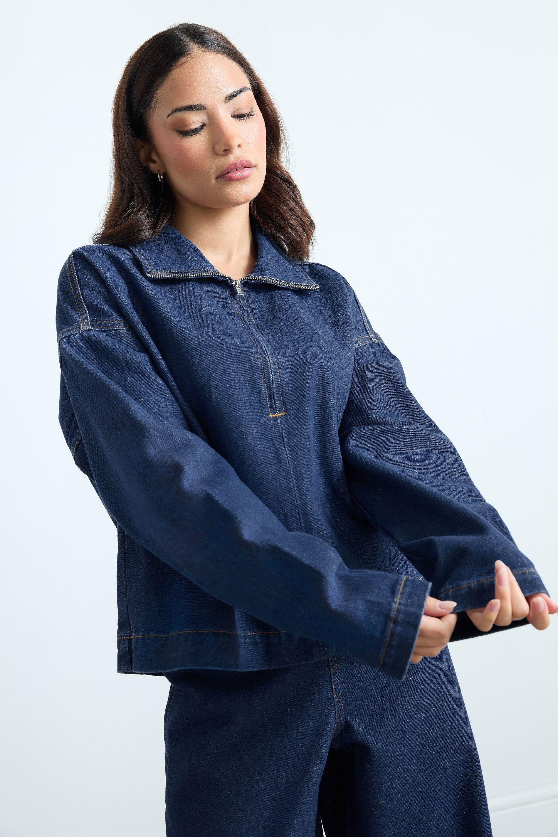 Petite Denim Quarter Zip Top by PIXIEGIRL