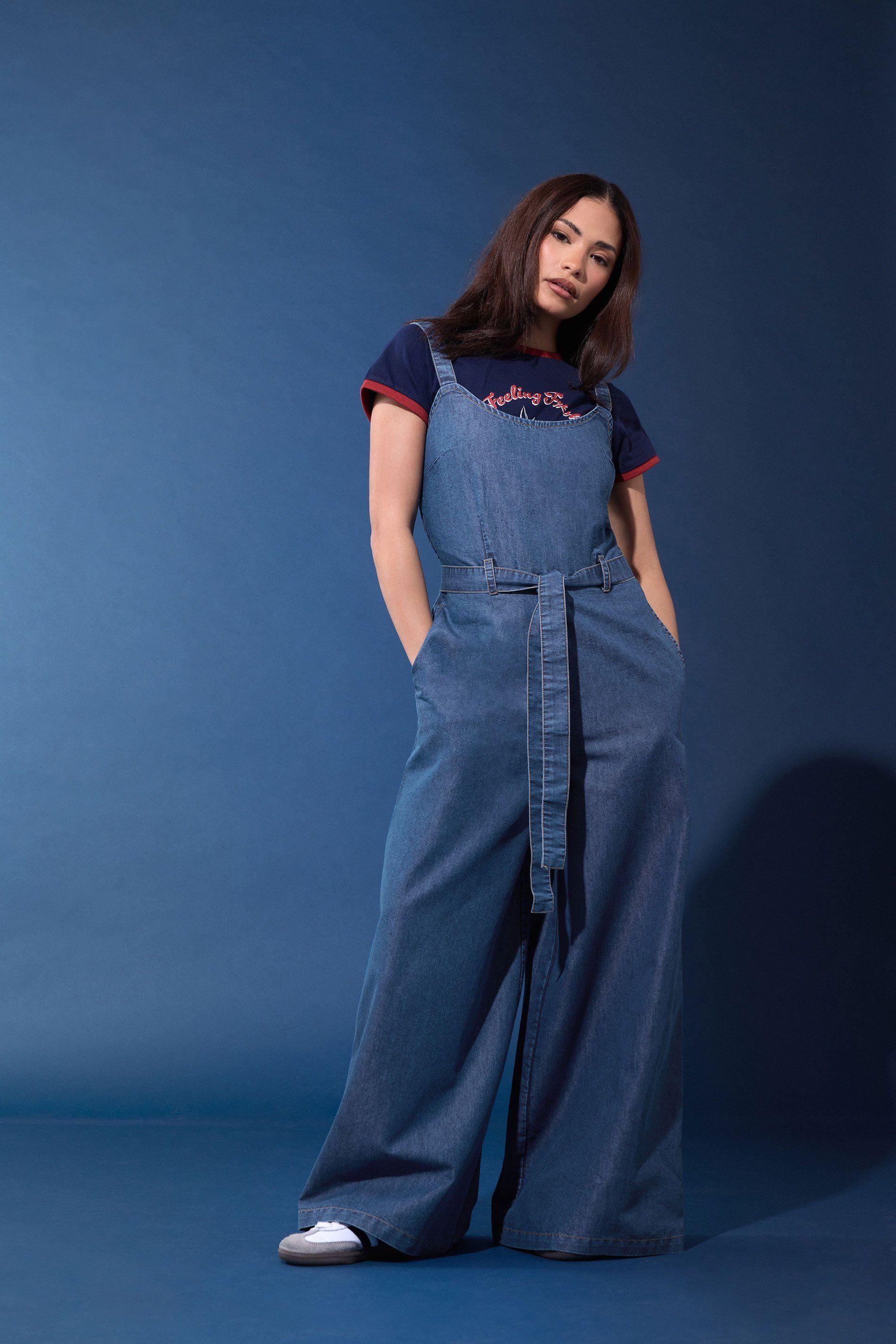 Petite Denim Wide Leg Jumpsuit by PIXIEGIRL