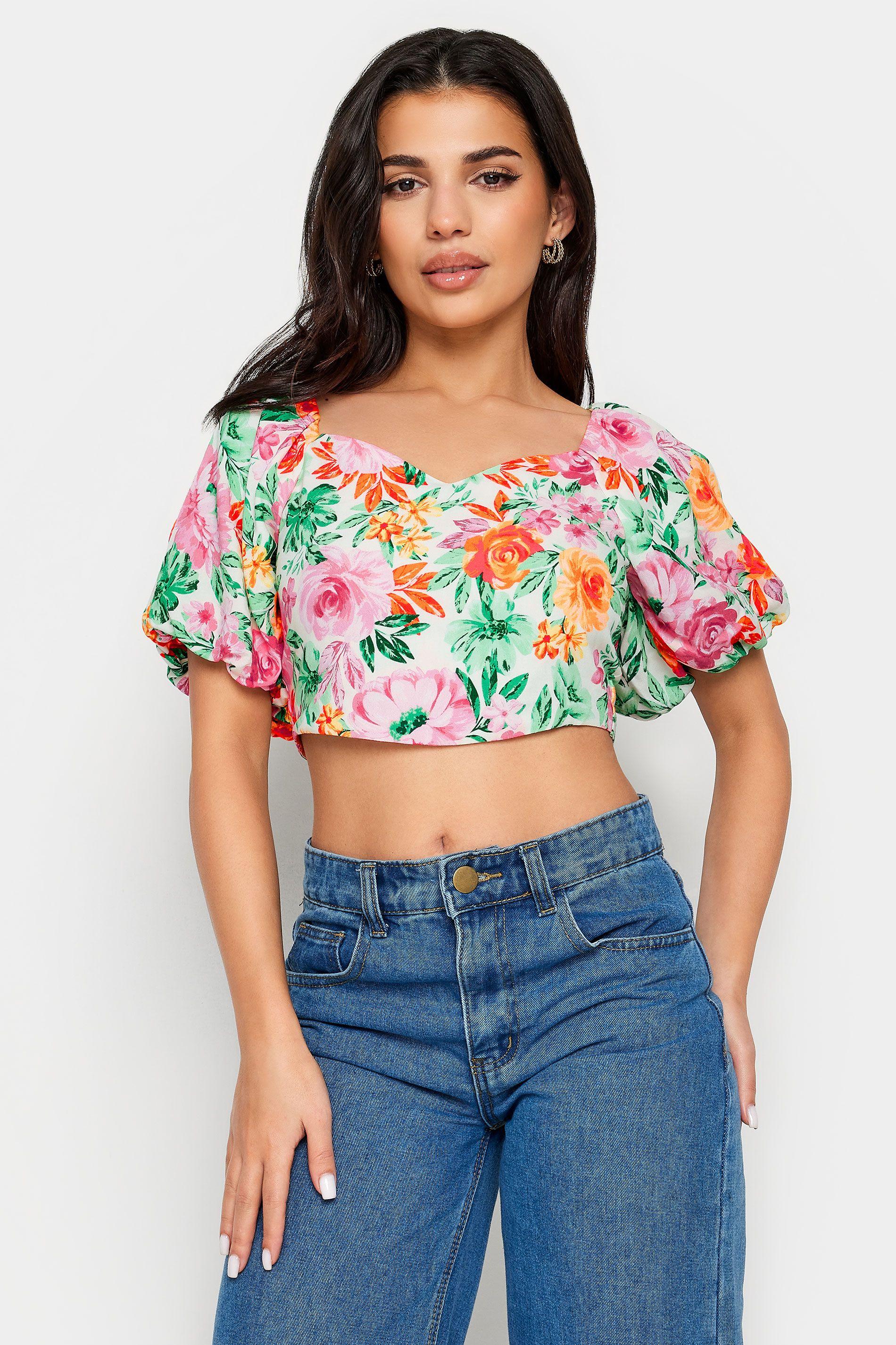 Petite Floral Print Puff Sleeve Crop Top by PIXIEGIRL