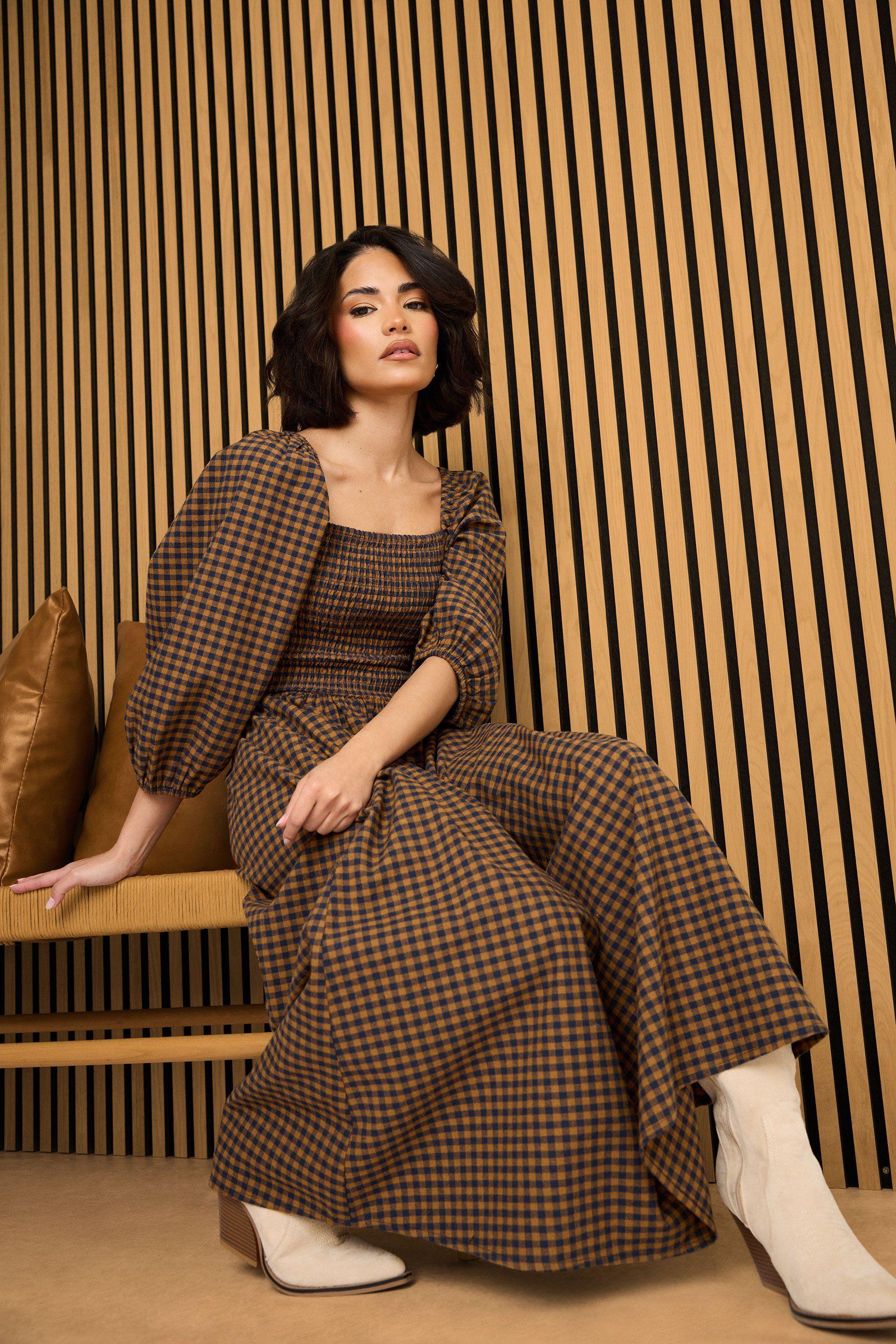 Petite Gingham Puff Sleeve Midi Dress by PIXIEGIRL Petite Gingham Puff Sleeve Midi Dress by PIXIEGIRL