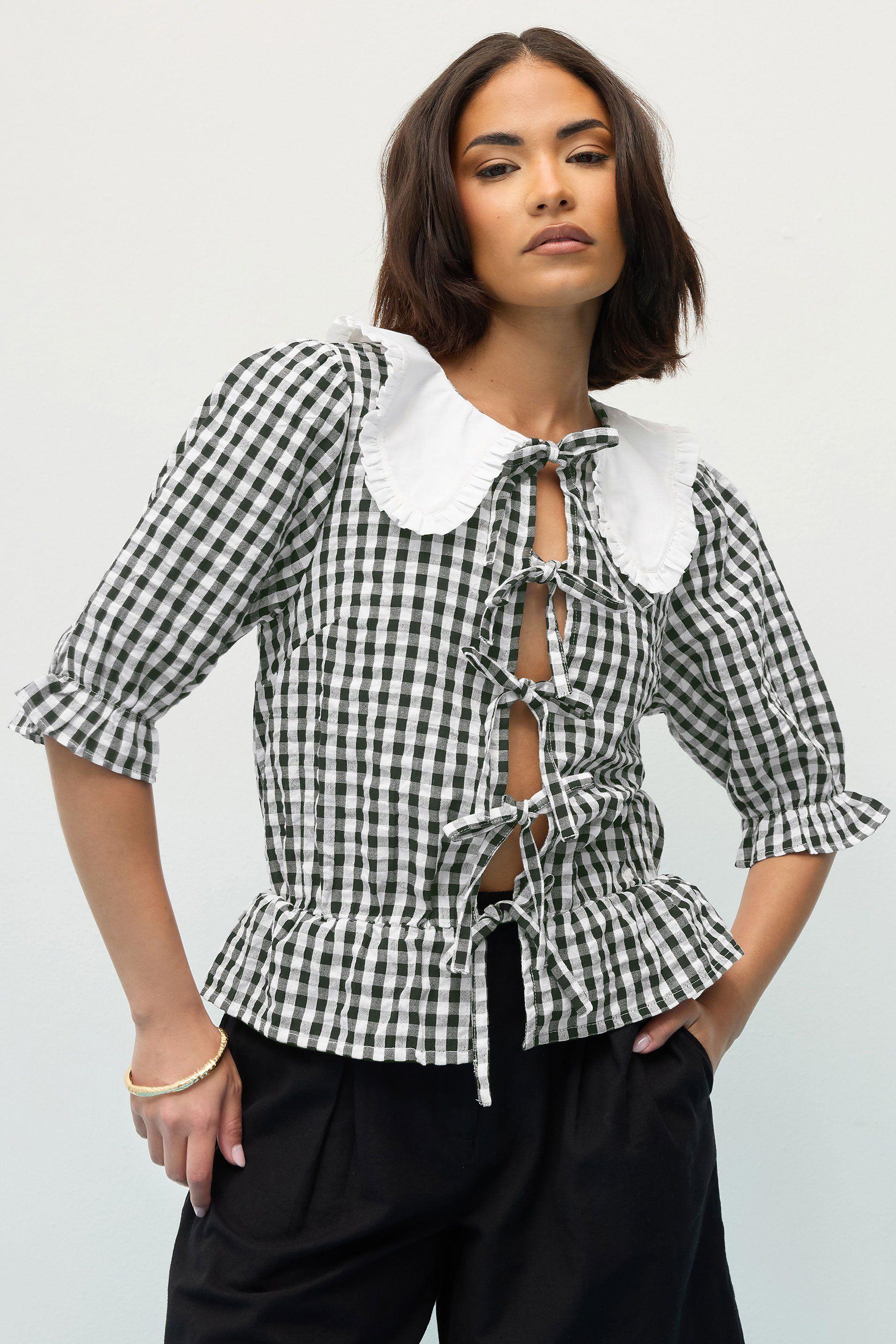 Petite Gingham Tie Front Peplum Top by PIXIEGIRL