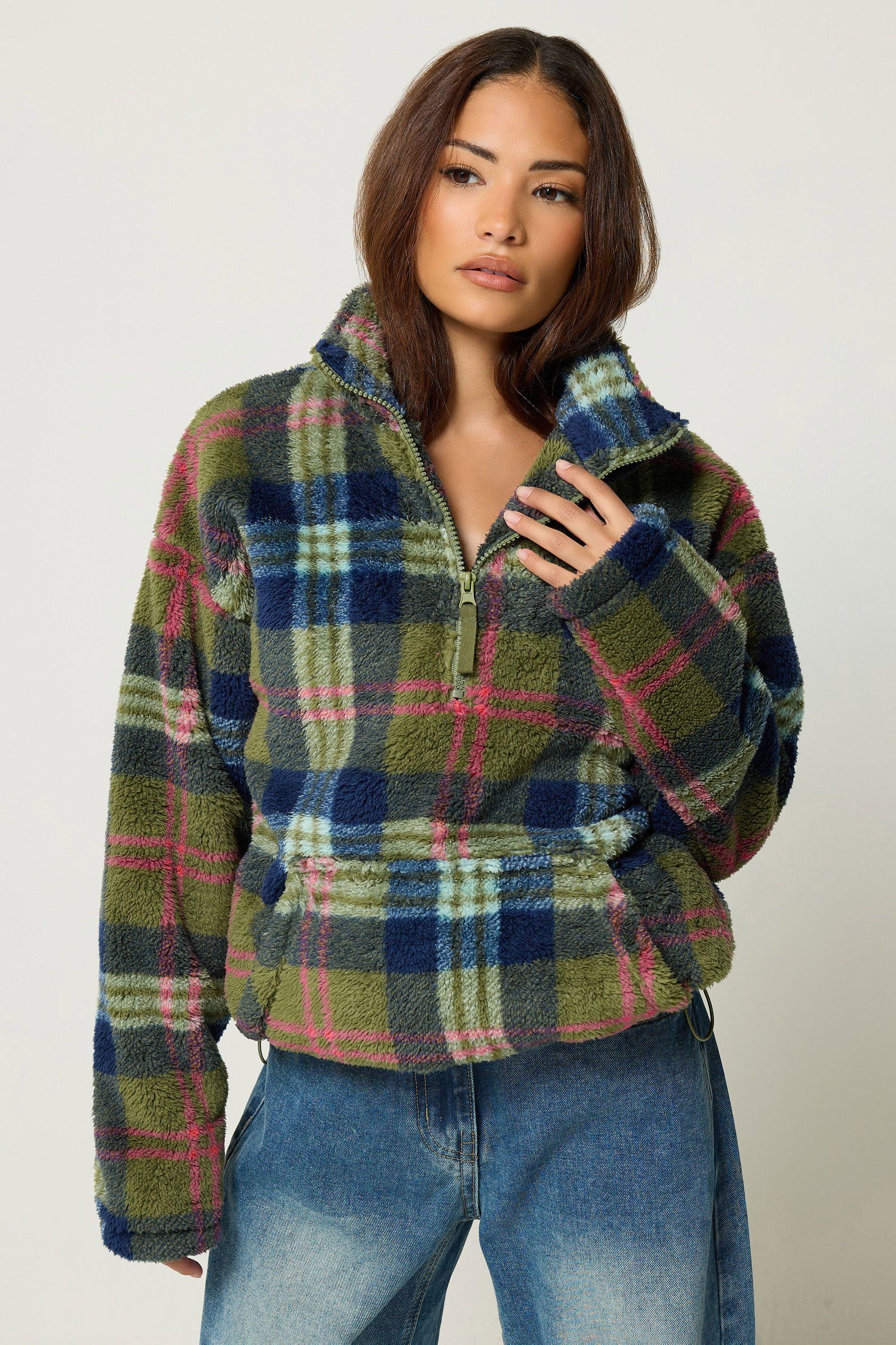 Petite Half Zip Through Check Fleece by PIXIEGIRL