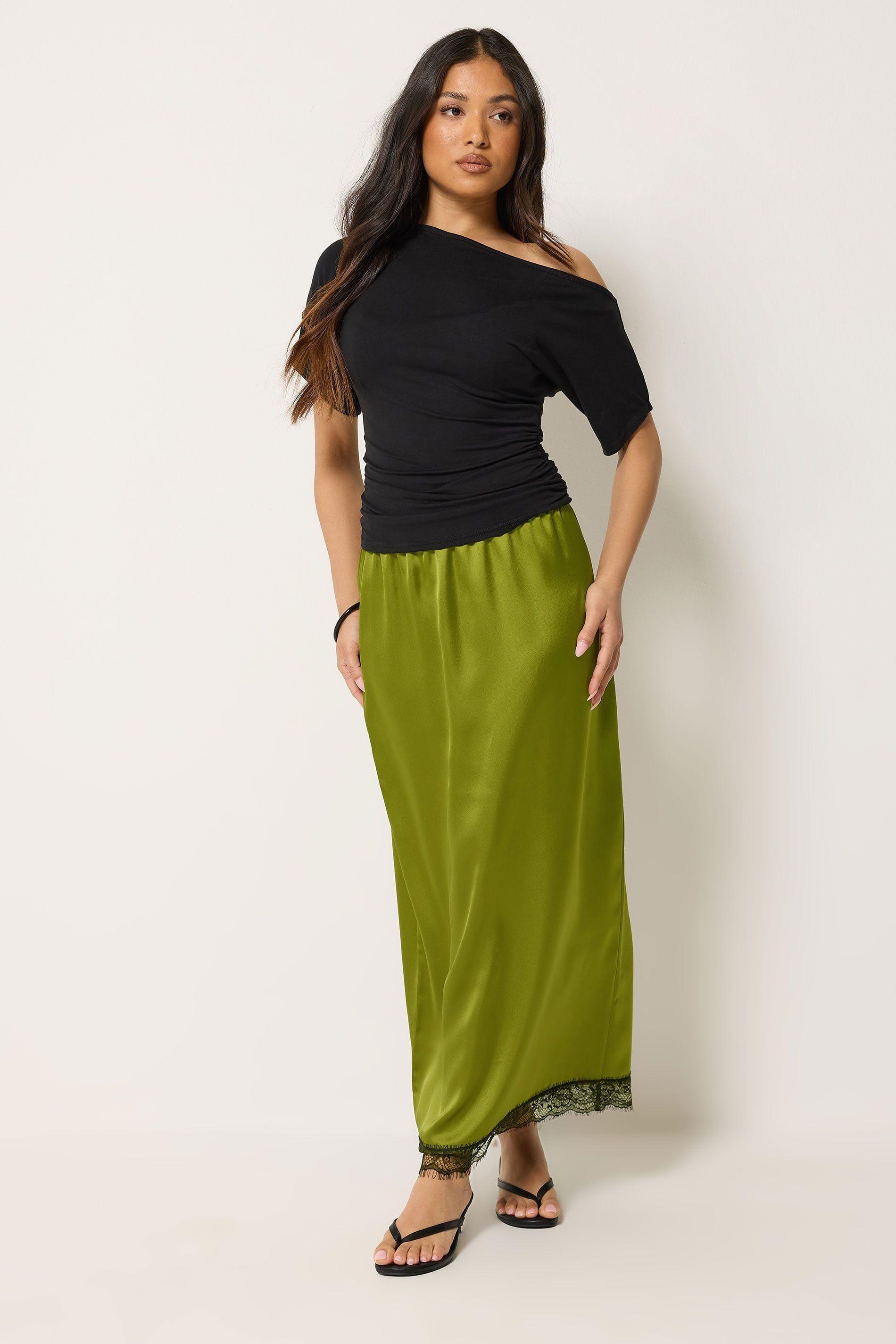 Petite Lace Hem Satin Maxi Skirt by PIXIEGIRL