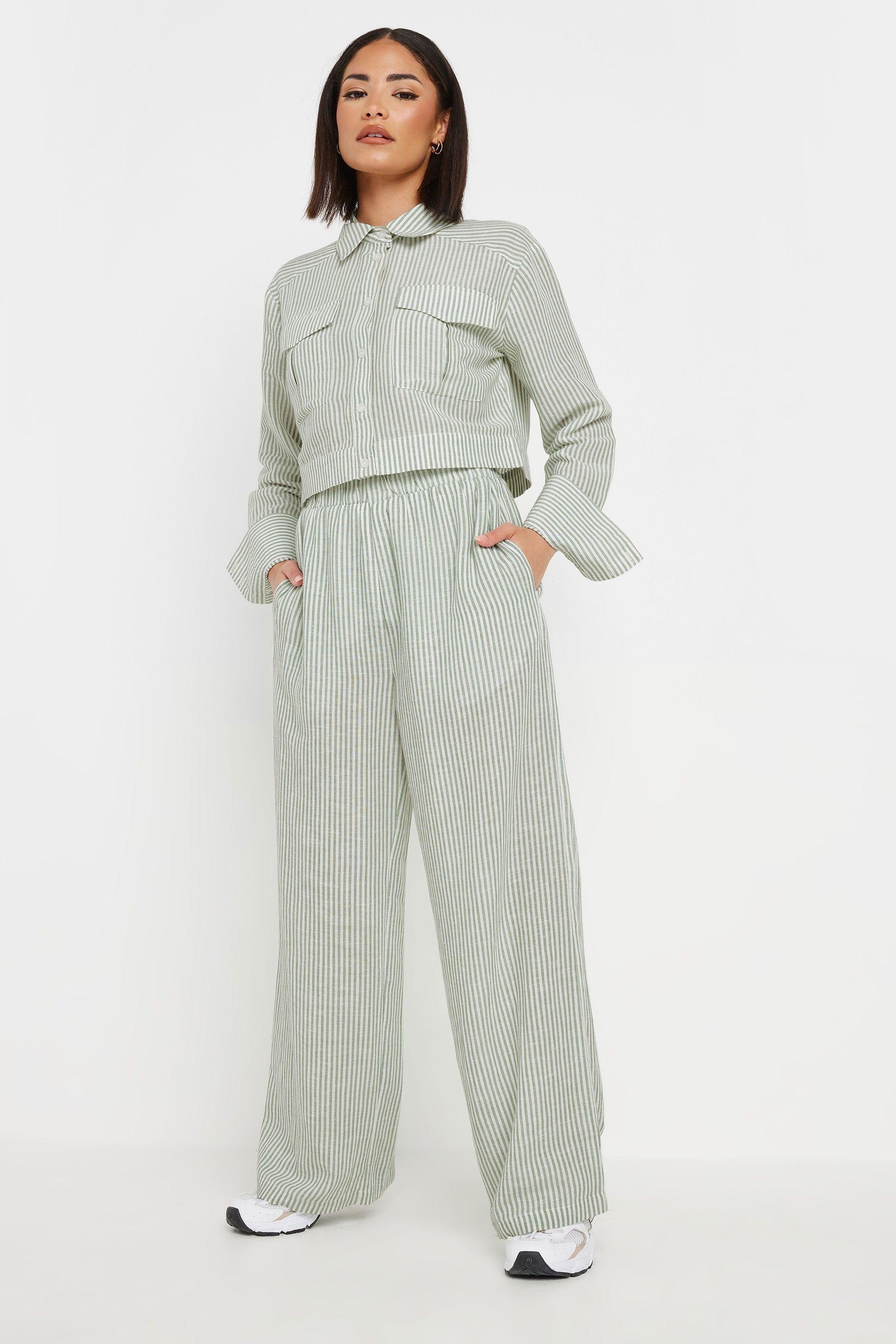 Petite Linen Stripe Wide Leg Trousers by PIXIEGIRL