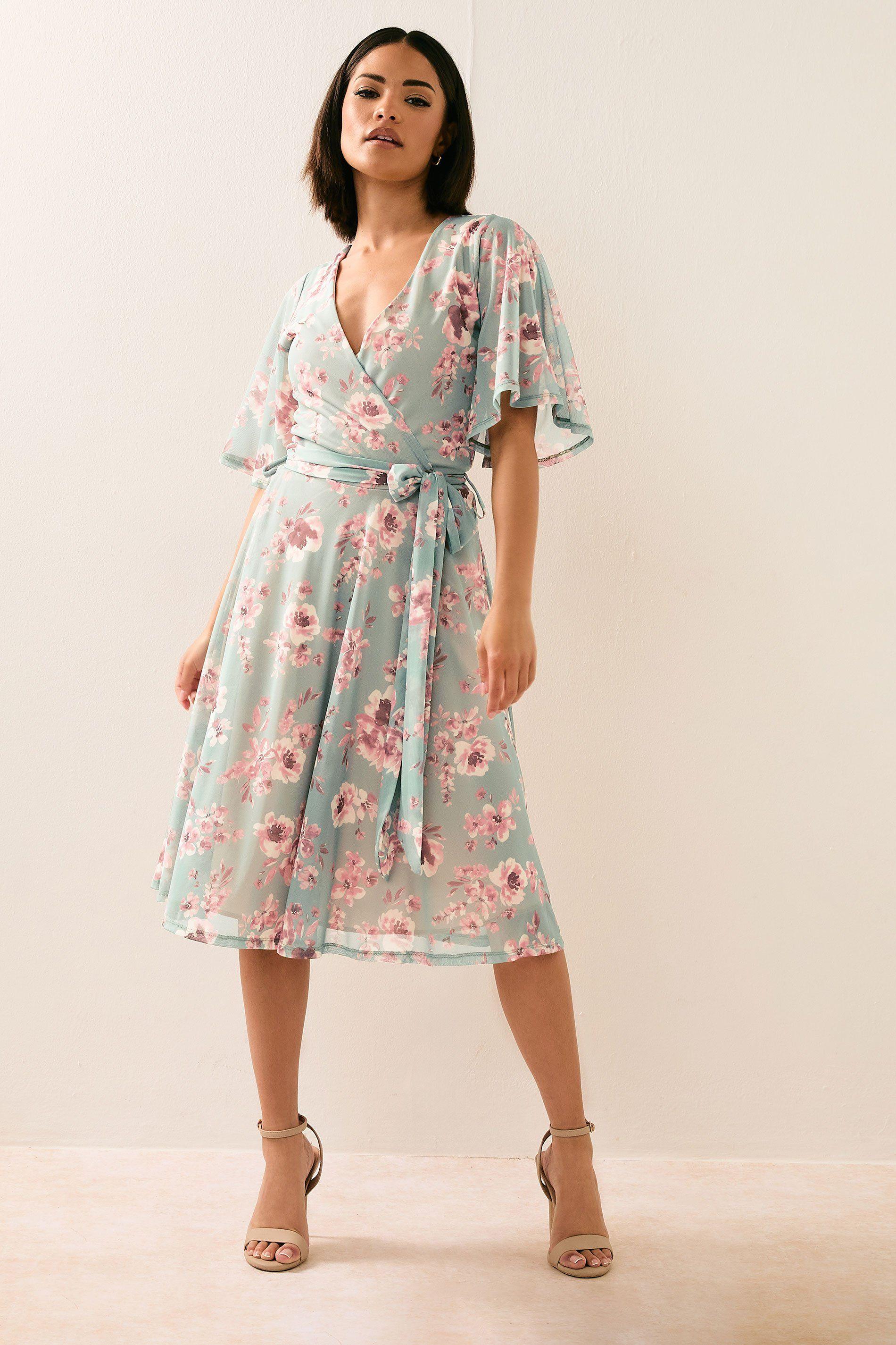 Petite Mesh Floral Midi Dress by PIXIEGIRL