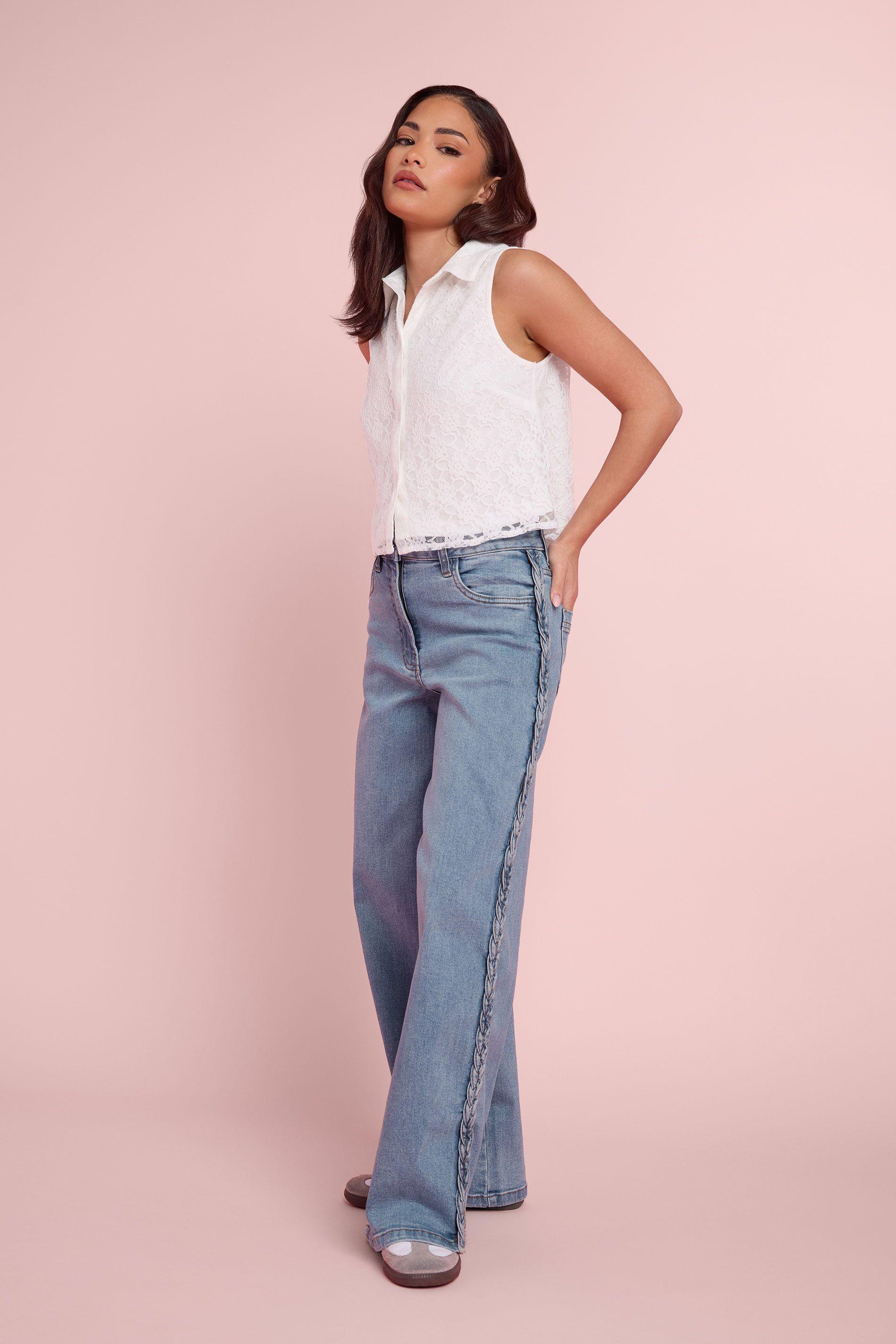 Petite Plait Detail Wide Leg Jeans by PIXIEGIRL