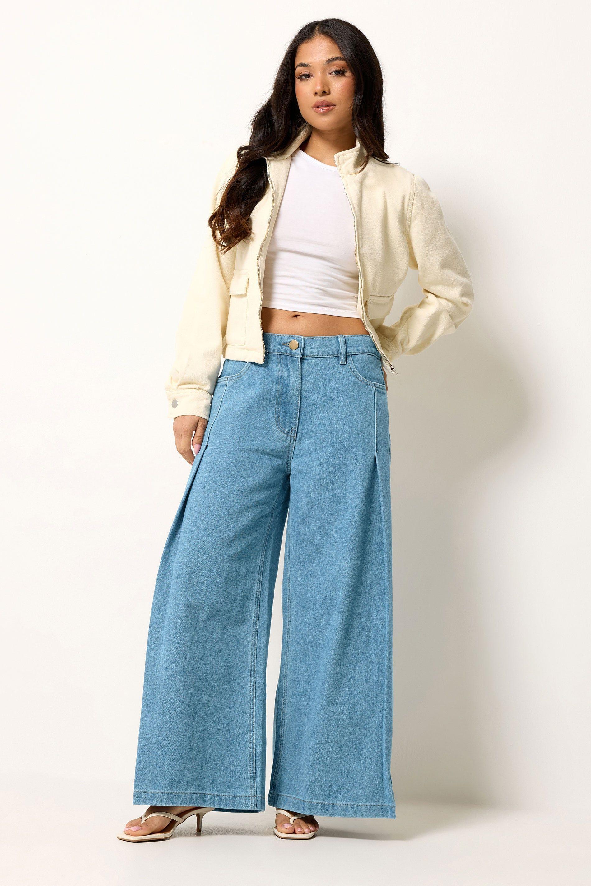 Petite Pleated Palazzo Wide Leg Jeans by PIXIEGIRL