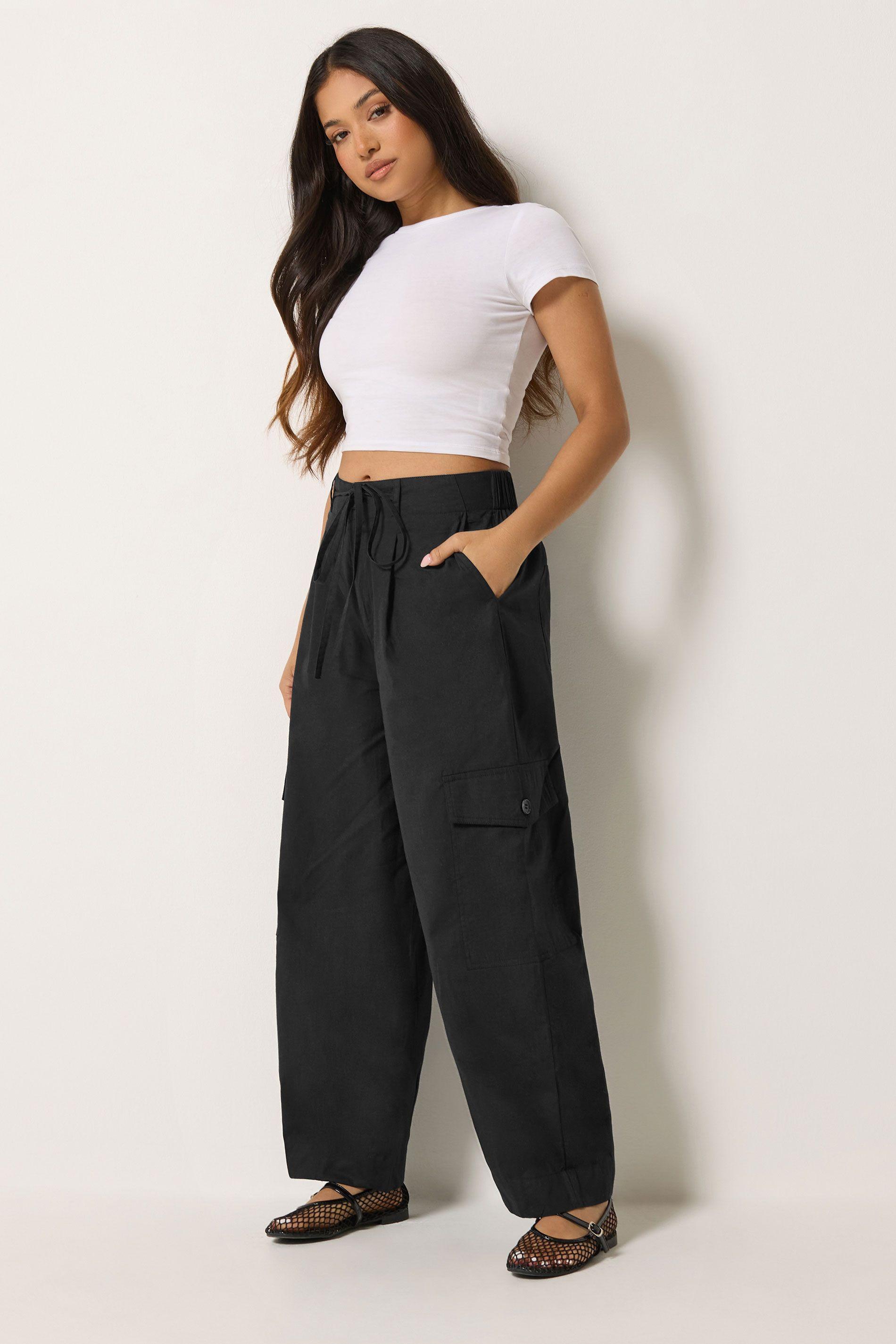 Petite Poplin Cotton Cargo Barrel Leg Trousers by PIXIEGIRL