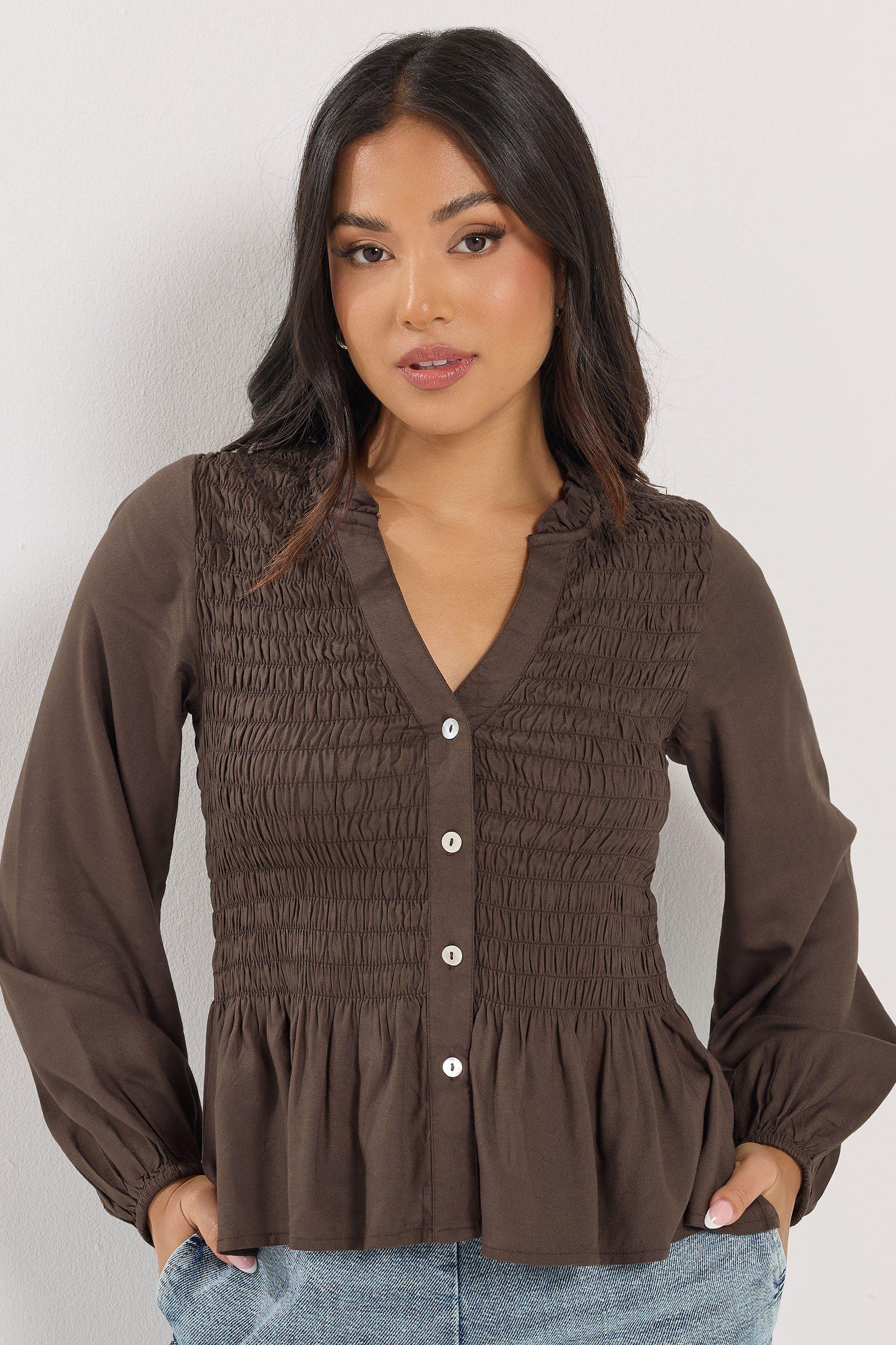 Petite Shirred Long Sleeve Shirt by PIXIEGIRL