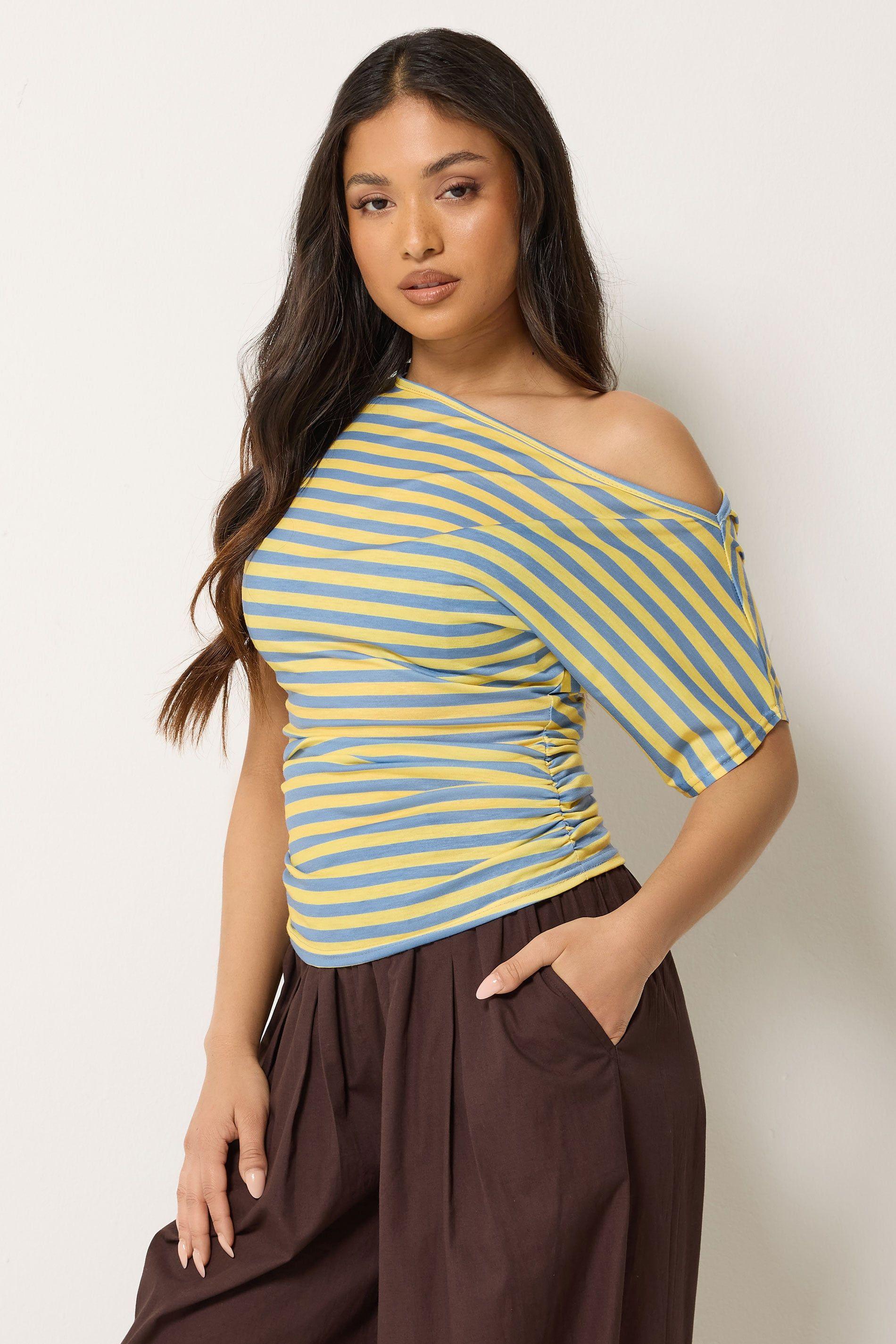 Petite Stripe Slash Neck Ruched T-Shirt by PIXIEGIRL