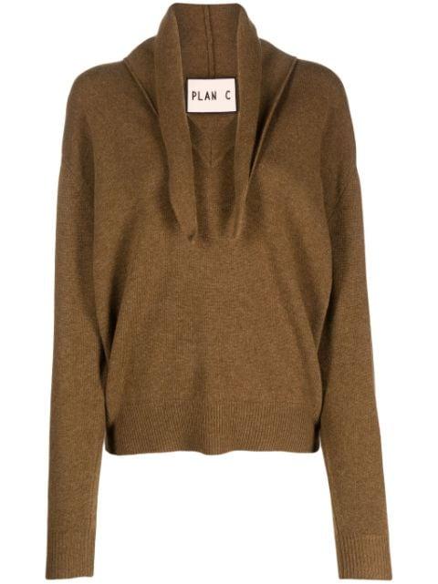 attached-scarf ribbed-knit jumper by PLAN C