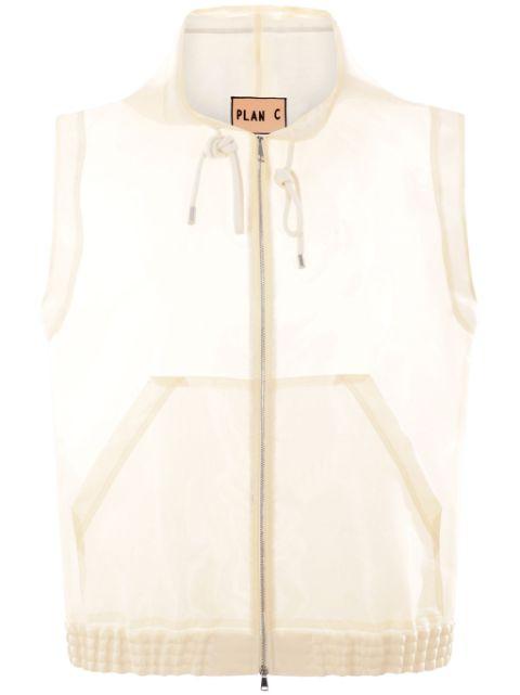 drawstring-hood zip-up vest by PLAN C