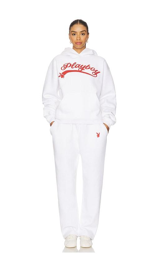 Playboy Logo Hoodie and Sweatpant Set in White by PLAYBOY