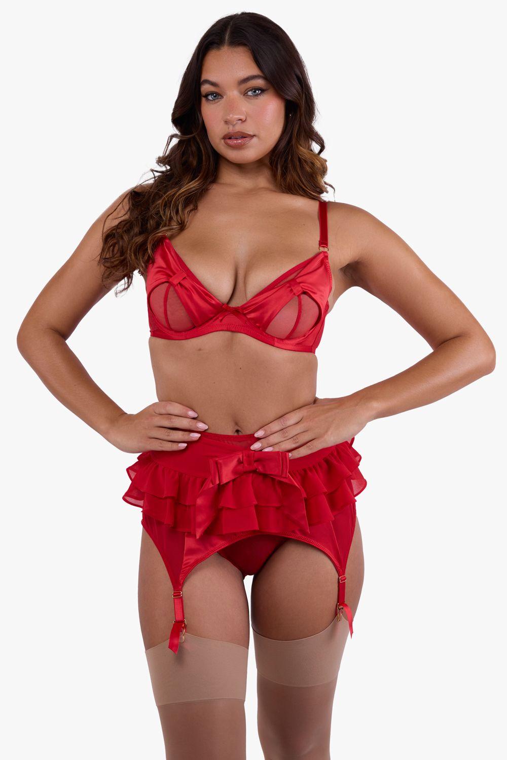 Annette Red Satin Skirted Suspender Belt by PLAYFUL PROMISES