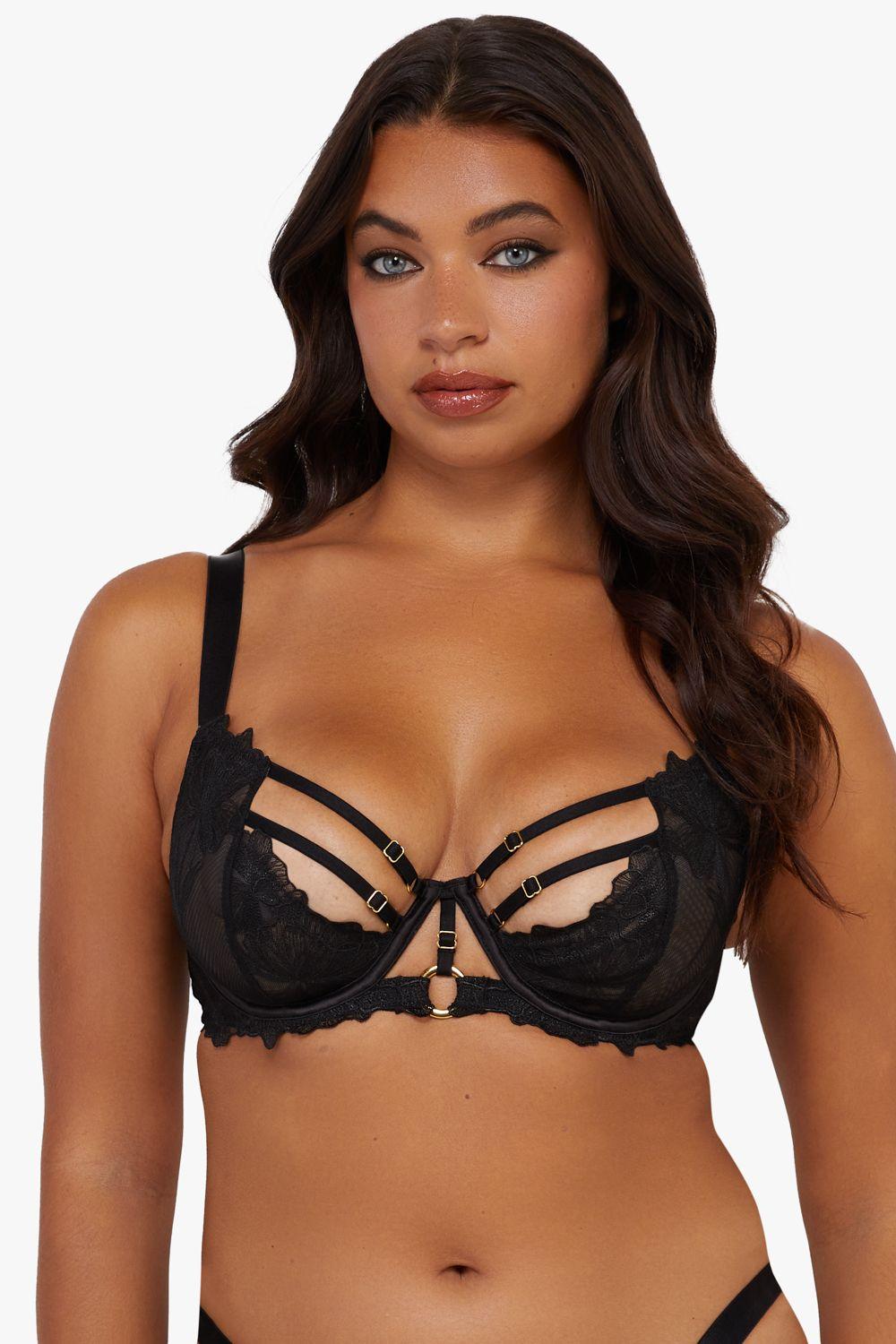 Eleanor Black Strappy Embroidery Balconette Bra by PLAYFUL PROMISES