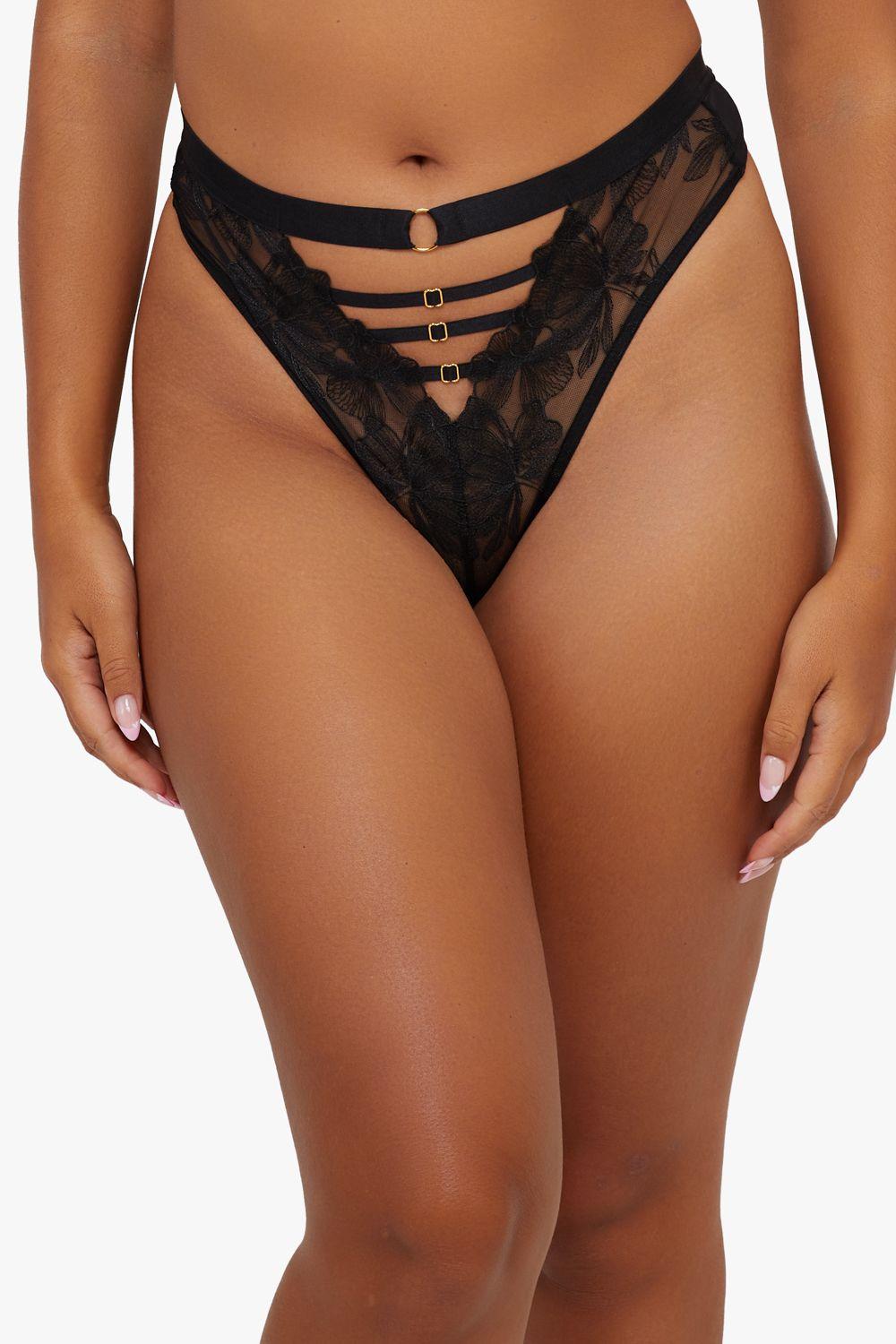 Eleanor Black Strappy Embroidery High Waist Thong by PLAYFUL PROMISES