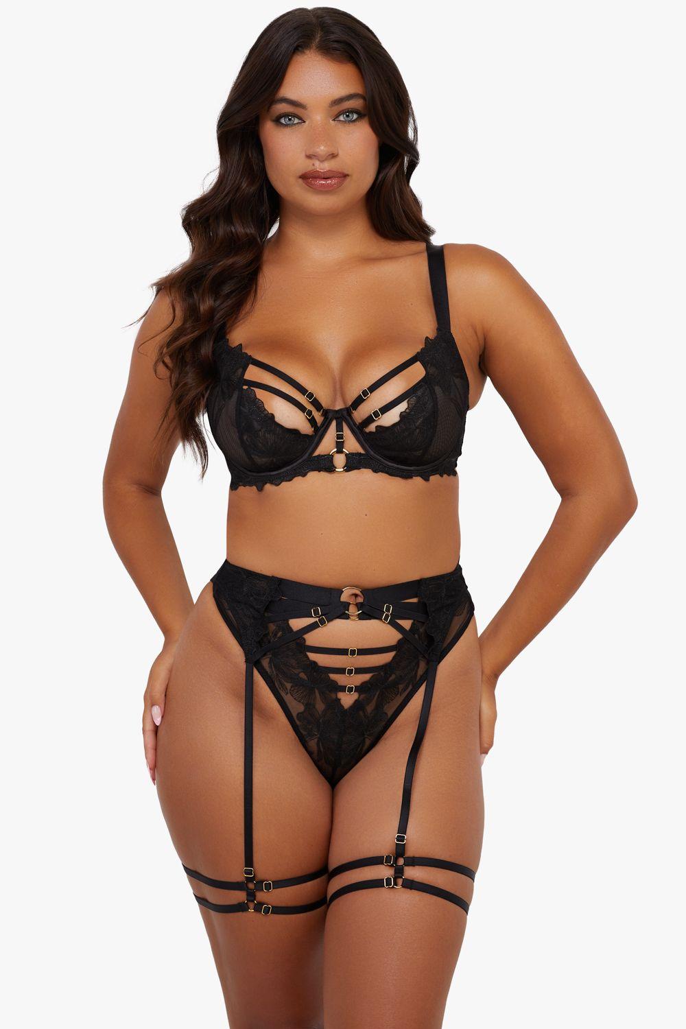 Eleanor Black Strappy Embroidery Thigh Harness by PLAYFUL PROMISES