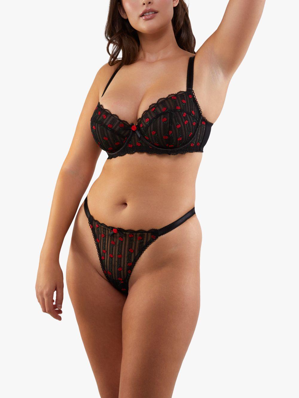 Elodie Black And Red Rosebud Embroidery Thong by PLAYFUL PROMISES