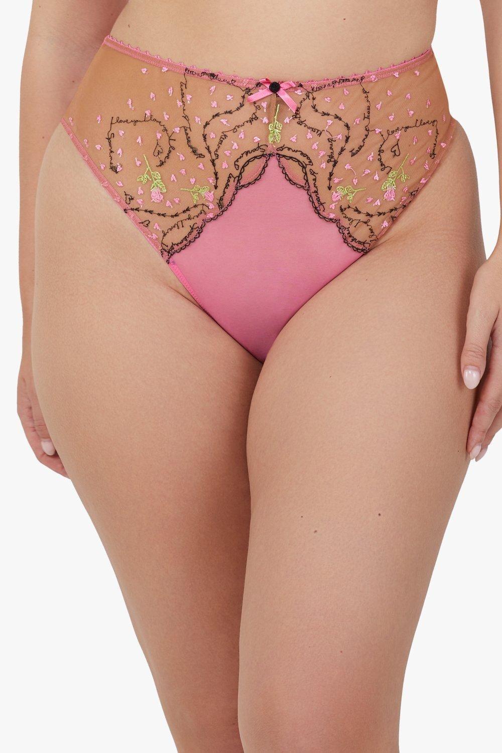 Spank Me Pink and Nude Custom Embroidery High Waist Thong by PLAYFUL PROMISES