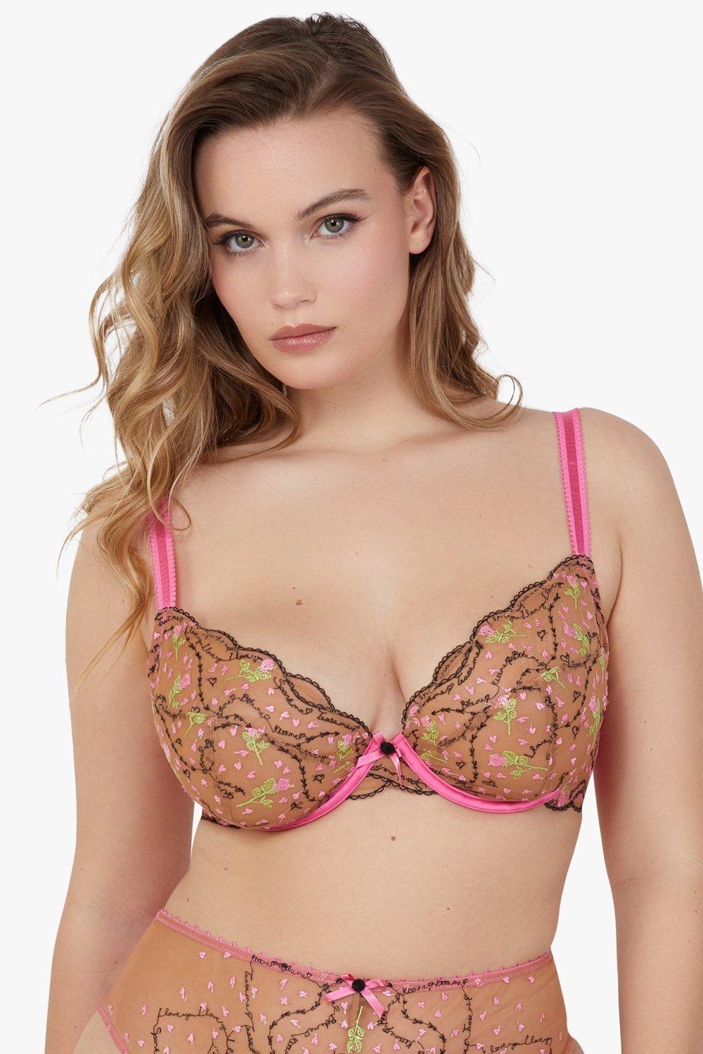 Spank Me Pink and Nude Custom Embroidery Plunge Bra by PLAYFUL PROMISES