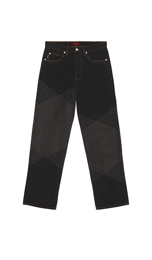 Pleasures Grid Embroidered Baggy Jeans in Blue by PLEASURES