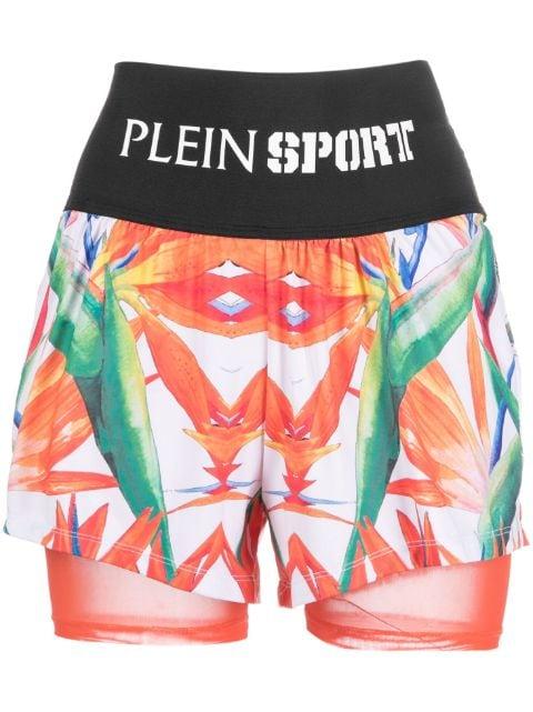 floral-print double-layered cotton running shorts by PLEIN SPORT