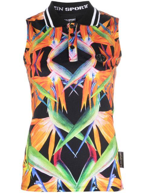 floral-print sleeveless cotton polo shirt by PLEIN SPORT