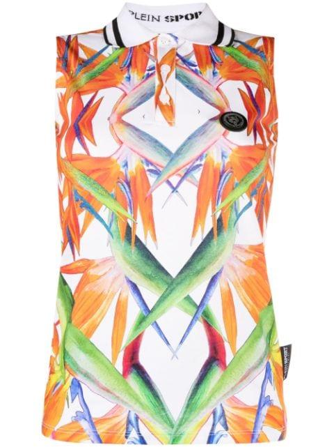 floral-print sleeveless cotton polo top by PLEIN SPORT
