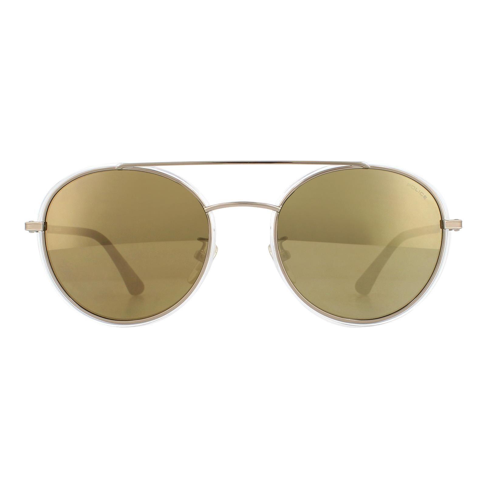 Round Light Gold Crystal Grey Brown Gold Mirror Sunglasses by POLICE