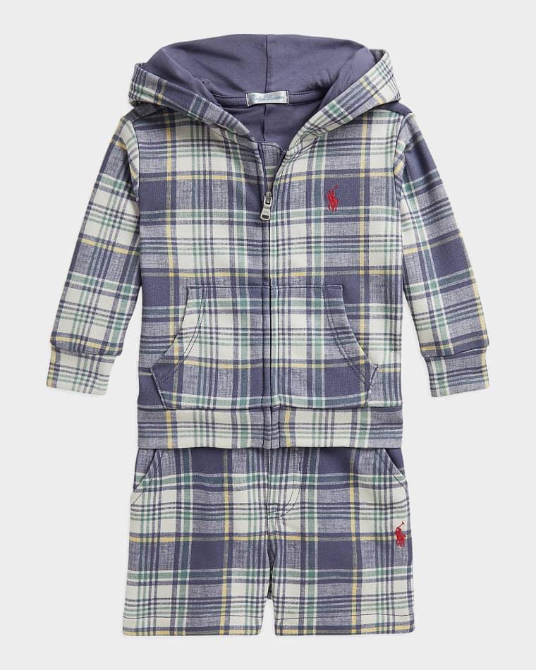 Boy's Cotton-Blend Plaid Hoodie & Shorts Set, Size 3M-24M by POLO RALPH LAUREN