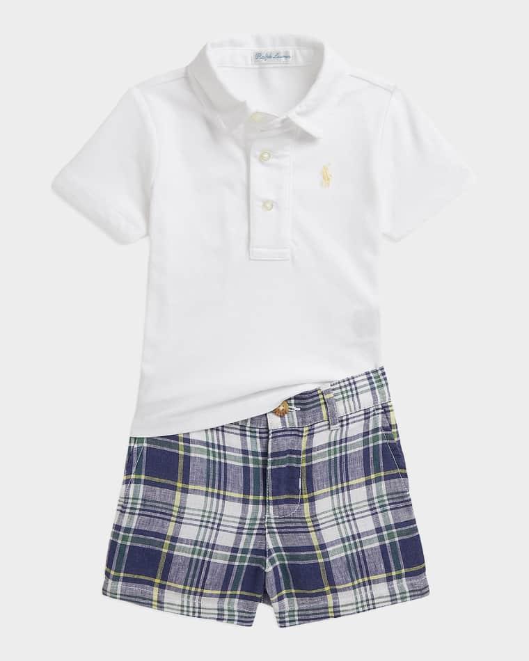 Boy's Cotton Polo Shirt & Plaid Linen Shorts, Size 3M-24M by POLO RALPH LAUREN