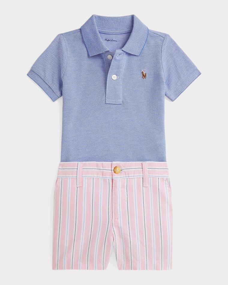 Boy's Oxford Mesh Polo Shirt & Striped Shorts Set, Size 3M-24M by POLO RALPH LAUREN