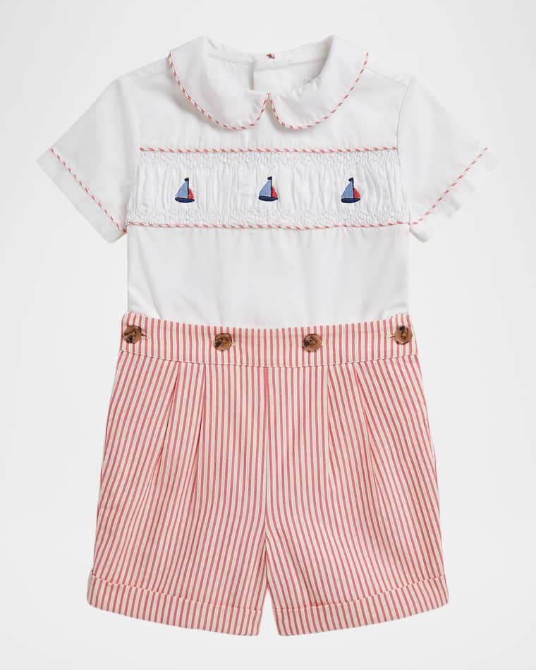 Boy's Smocked Cotton Shirt & Striped Shorts, Size 3M-24M by POLO RALPH LAUREN