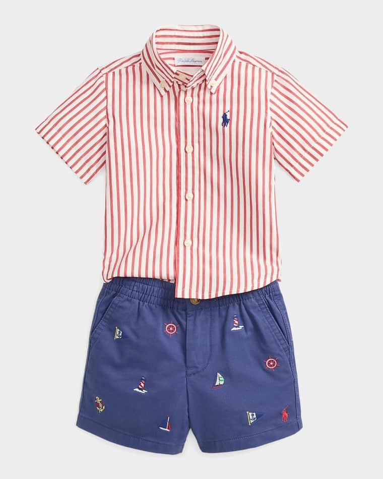 Boy's Striped Poplin Shirt & Embroidered Shorts Set, Size 3M-24M by POLO RALPH LAUREN