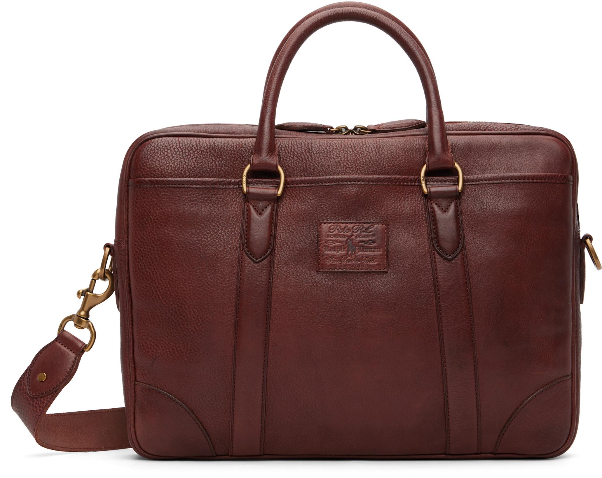 Brown Heritage Leather Messenger Bag by POLO RALPH LAUREN